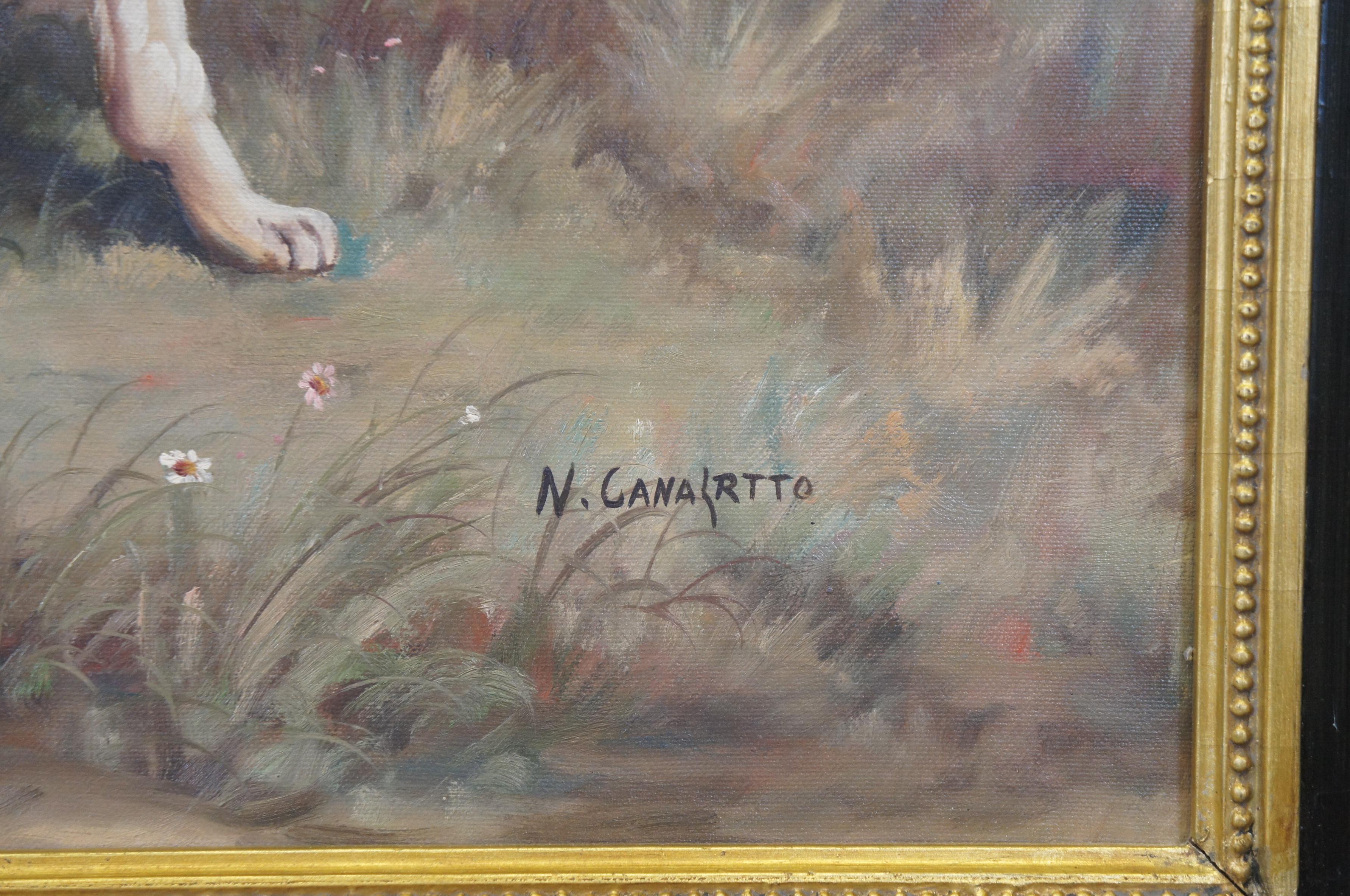 20ième siècle Vintage Pointer Hunting Dog Landscape Portrait Peinture à l'huile sur toile 31
