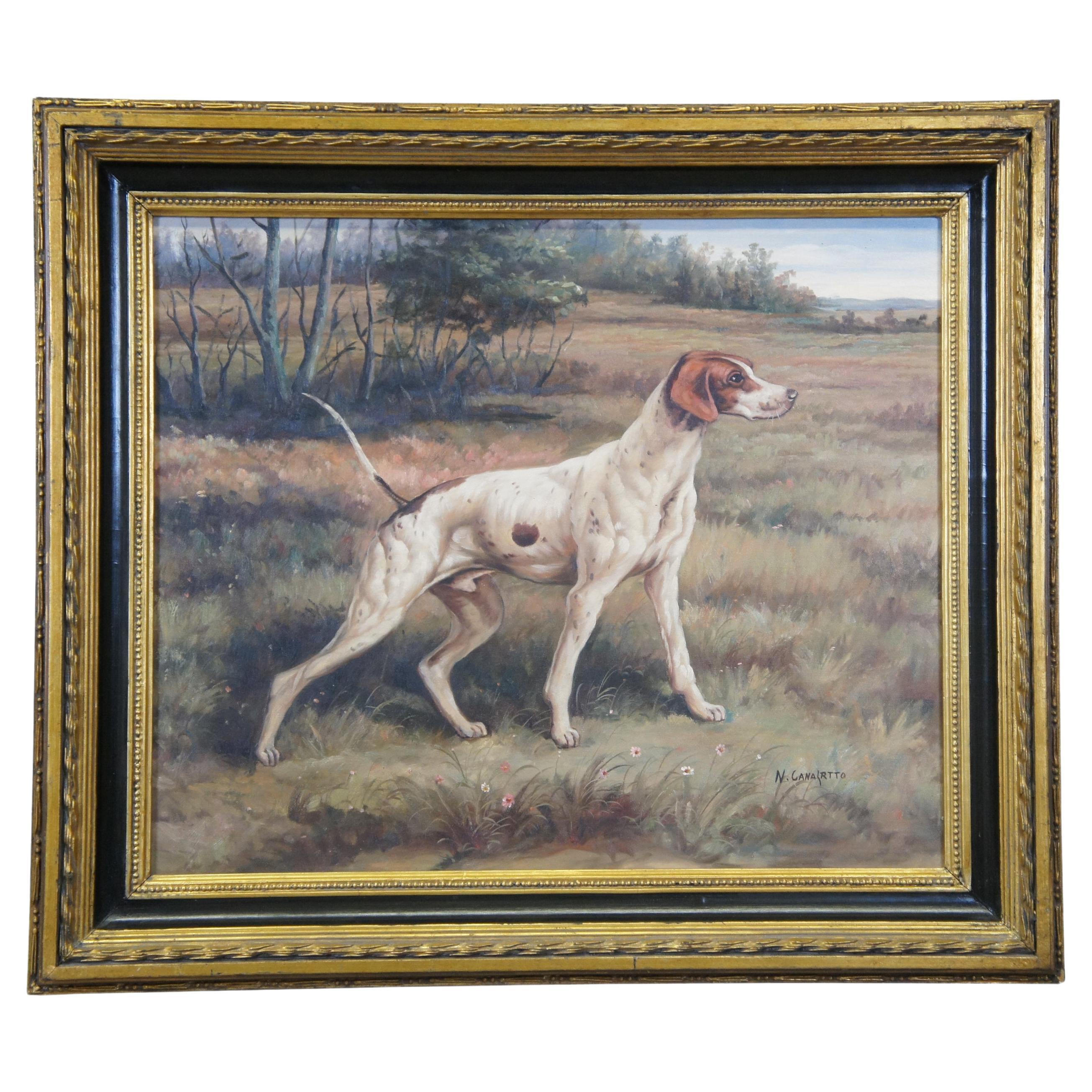 Vintage Pointer Hunting Dog Landscape Portrait Peinture à l'huile sur toile 31"