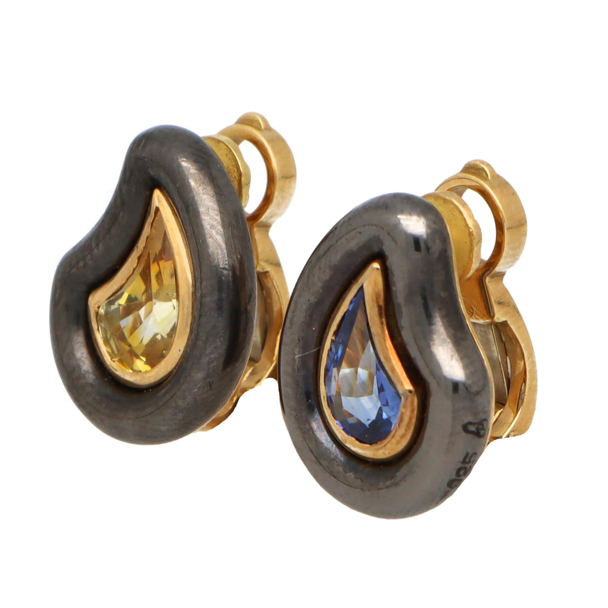 Women's or Men's Vintage Poiray Blue and Yellow Sapphire Earrings in 18k Yellow Gold and Silver
