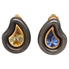 Vintage Poiray Blue and Yellow Sapphire Earrings in 18k Yellow Gold and Silver