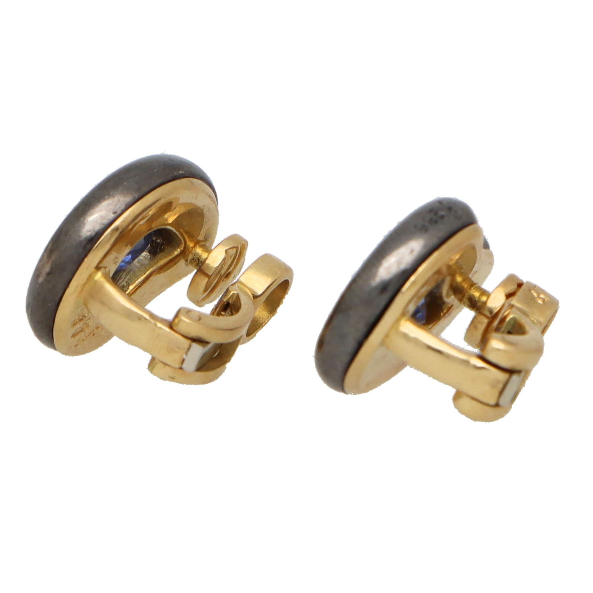 Retro Vintage Poiray Blue Sapphire Earrings in 18k Yellow Gold and Silver For Sale