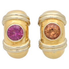 Vintage Poiray Pink and Orange Sapphire Earrings Set in 18k Yellow Gold
