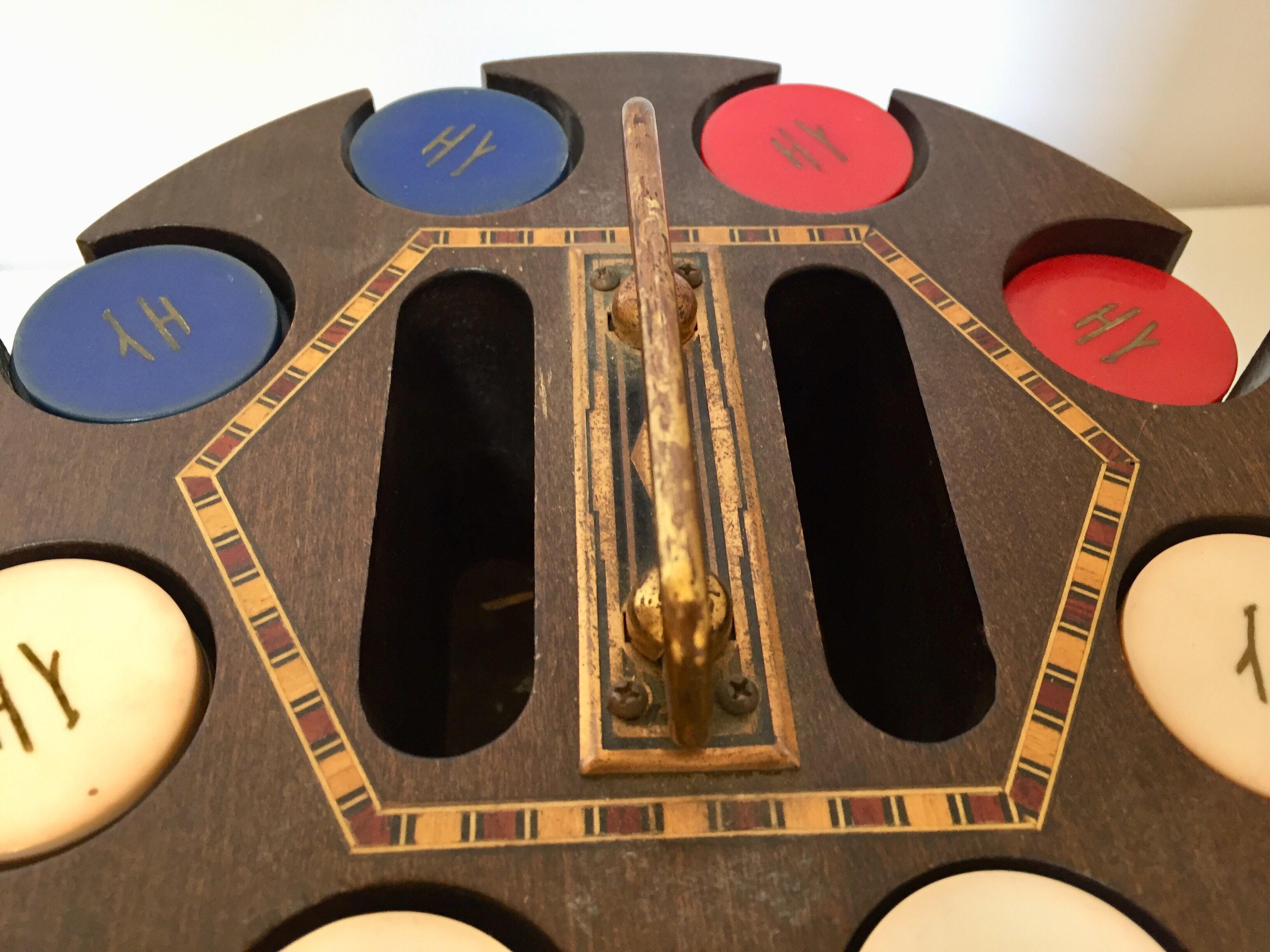 Mid-Century Modern Vintage Poker Chip Carousel Wood Caddy with Cover