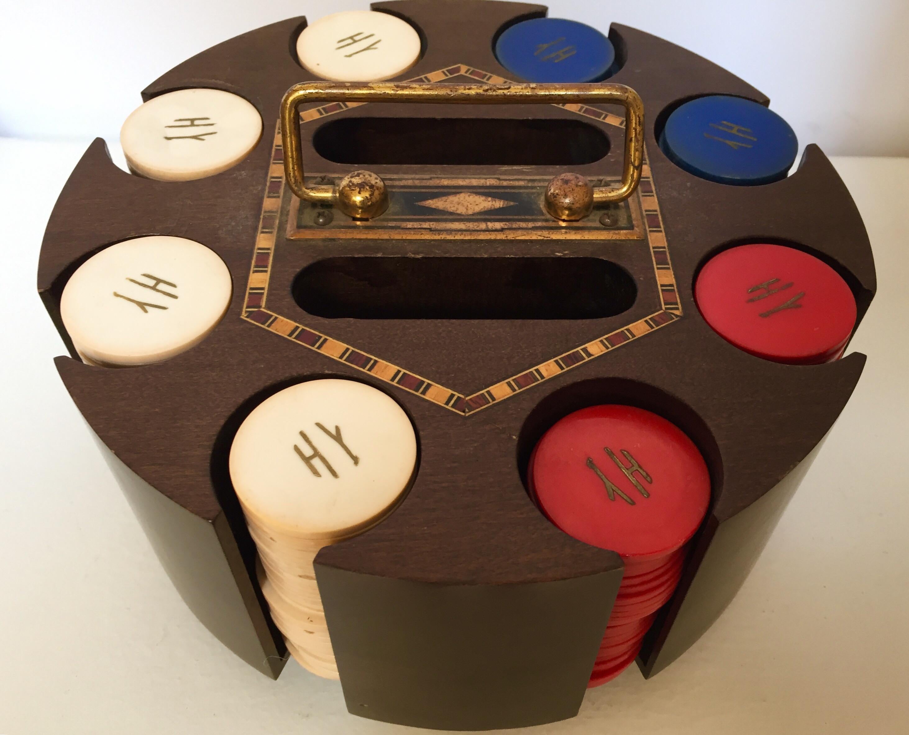 Inlay Vintage Poker Chip Carousel Wood Caddy with Cover