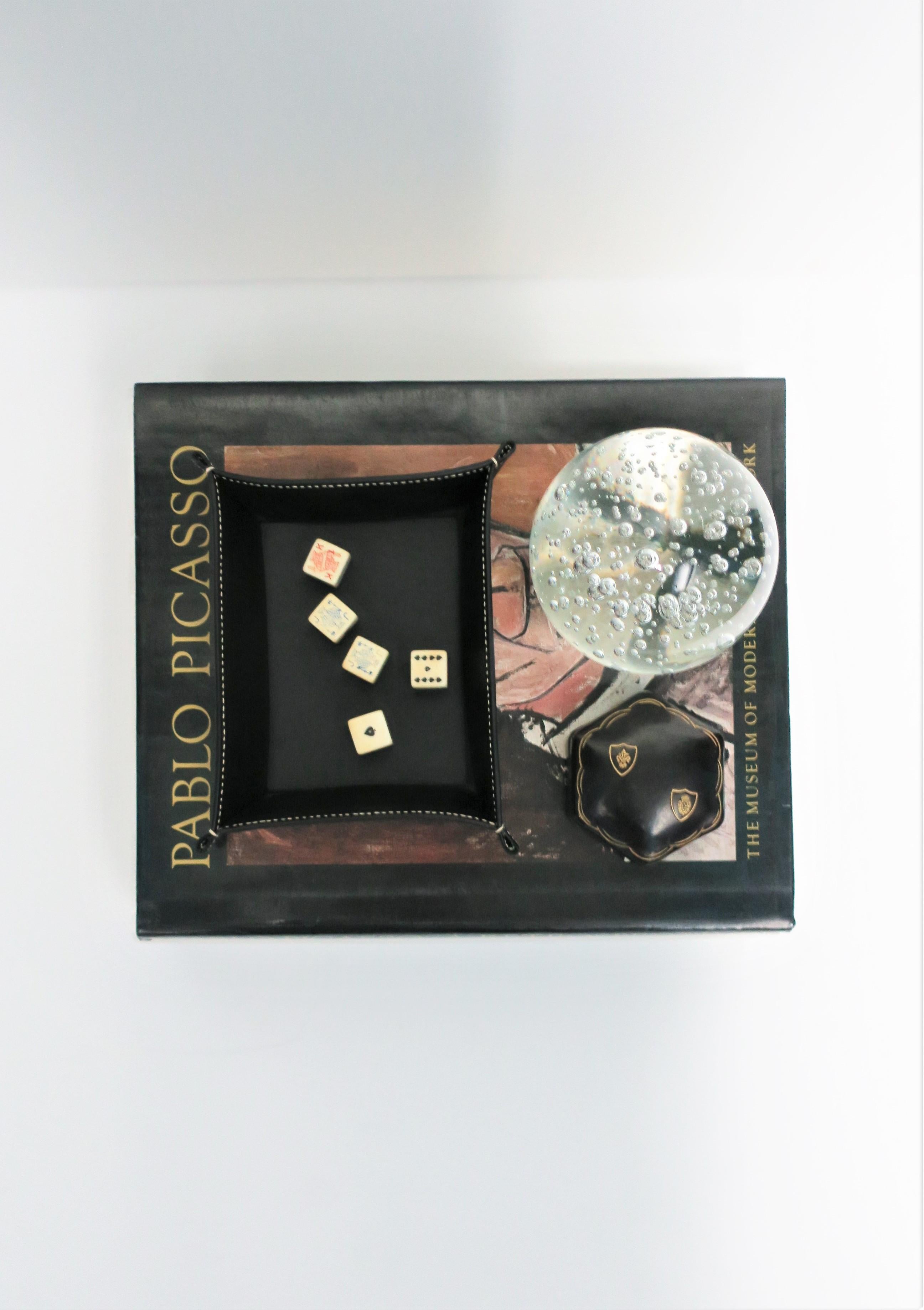 Vintage poker dice set (5), circa 20th century. 

Other items shown in images also available search 1stDibs ref. #:
Picasso Book 1980s, search ref. #: LU1314221961672
Italian black leather catch-all, #: LU1314221975932
Small octagonal box, #: