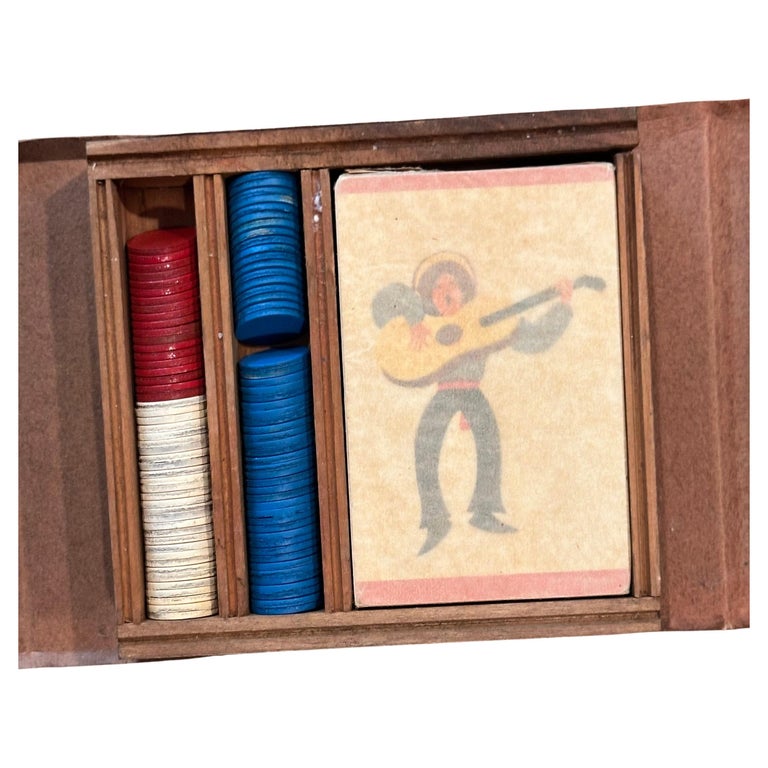 Vintage Poker Set with Factory-Sealed Playing Cards and Chips in Embossed  Case For Sale at 1stDibs