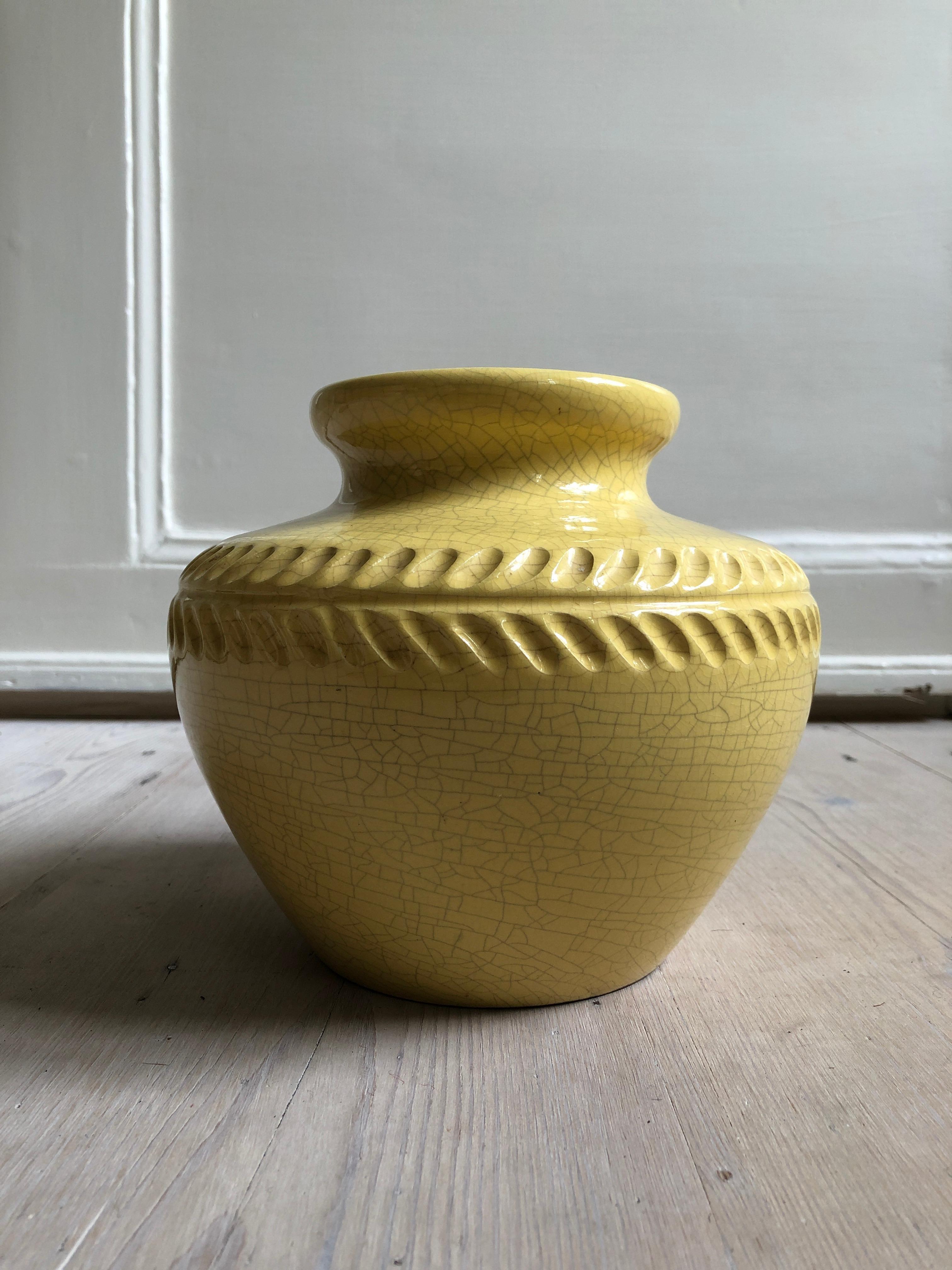 French Vintage Pol Chambrost Ceramic Vase in Yellow Craquelé Gaze, France, 1960s