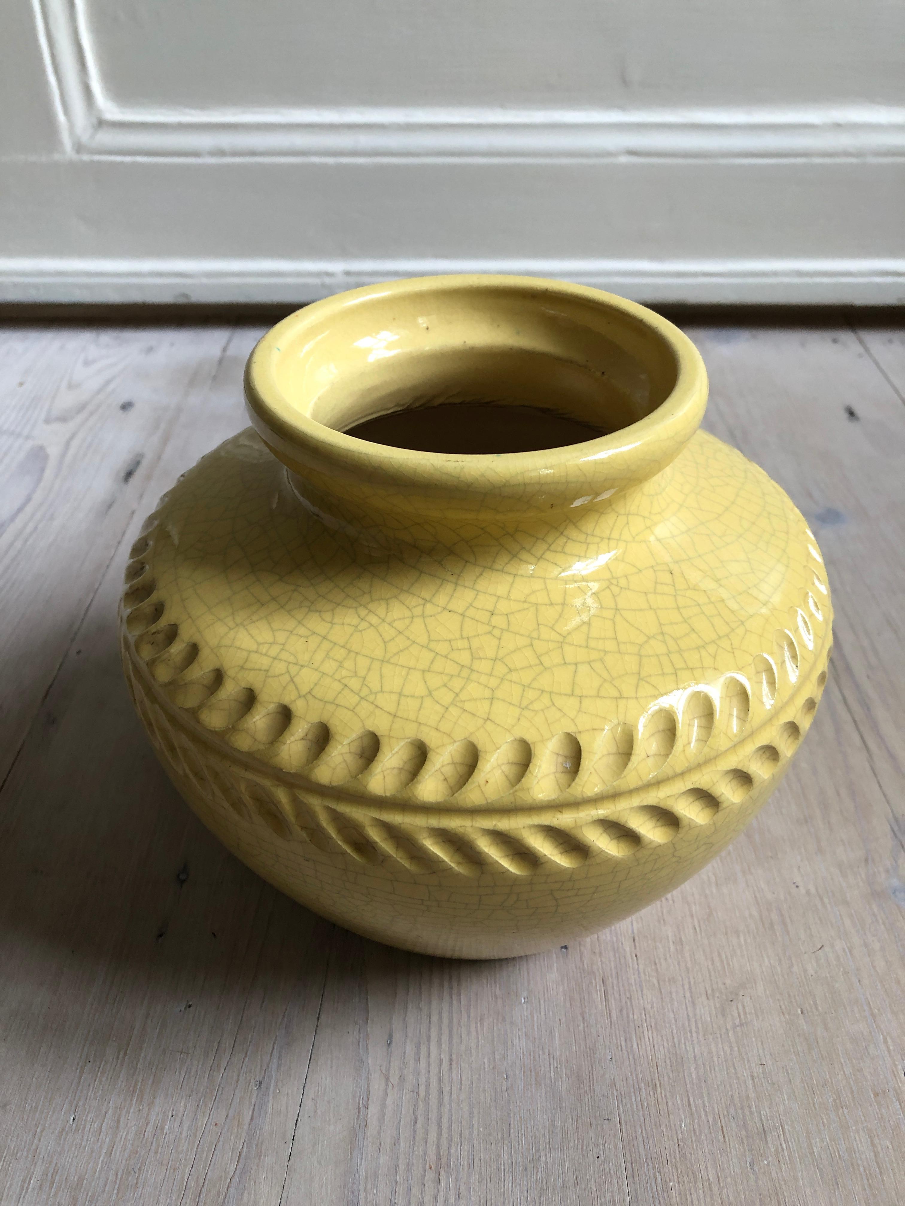 Vintage Pol Chambrost Ceramic Vase in Yellow Craquelé Gaze, France, 1960s In Good Condition In Copenhagen K, DK