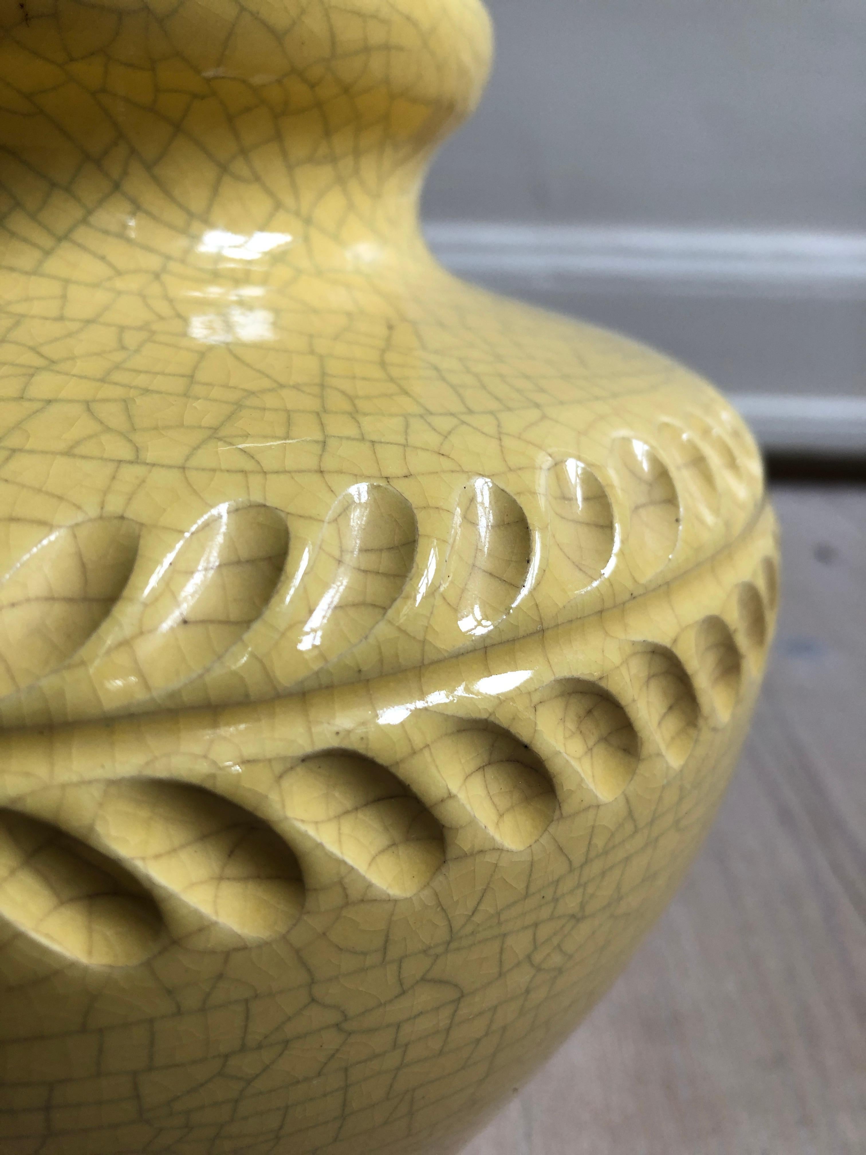 Vintage Pol Chambrost Ceramic Vase in Yellow Craquelé Gaze, France, 1960s 2