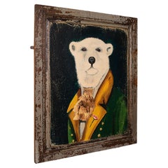 Vintage Polar Bear Portrait, English, Oil, Victorian Pine, Anthropomorphic Art