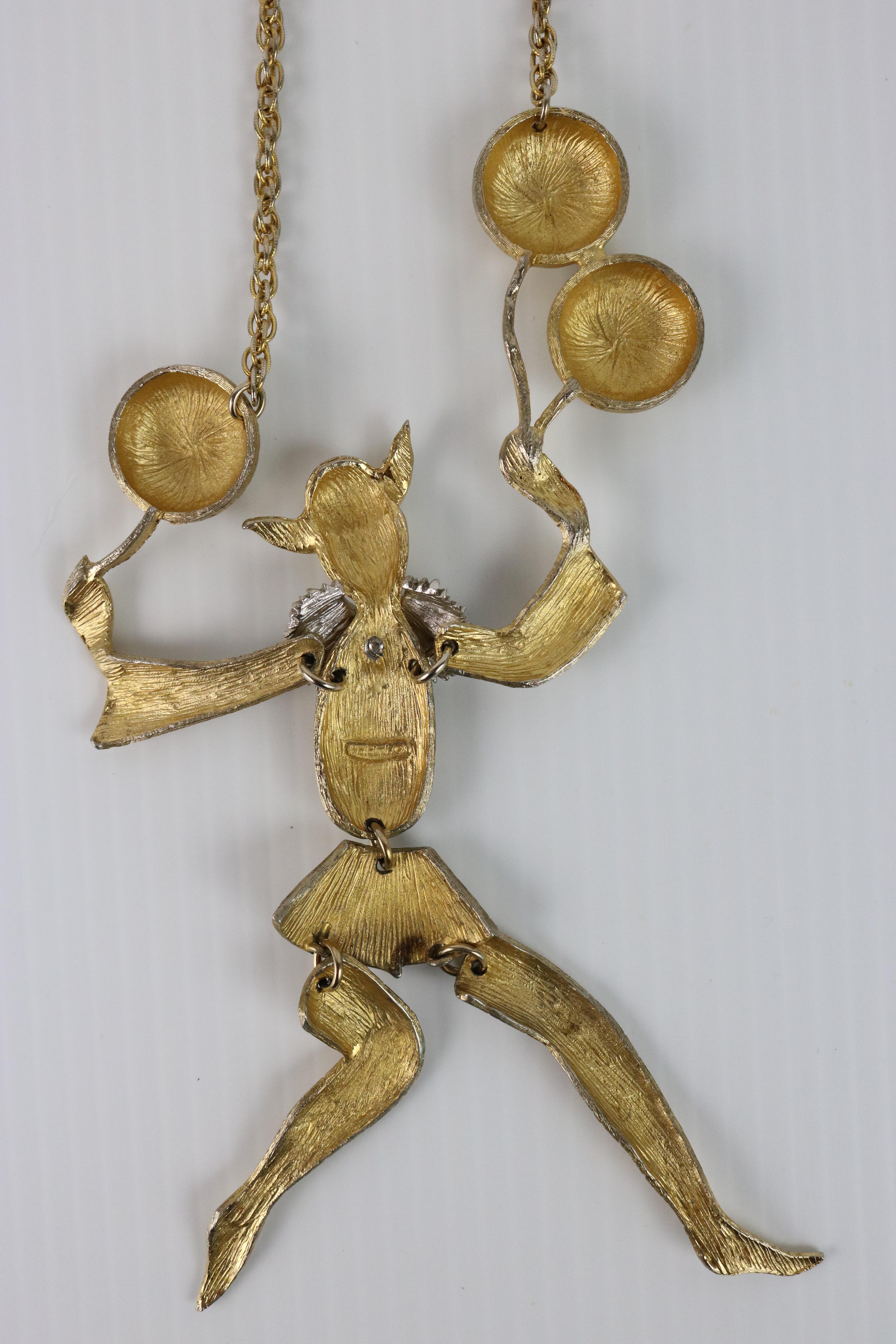 Vintage Polcini Articulated Harlequin Dancer Necklace- circa 1960-Hallmark In Good Condition For Sale In West Palm Beach, FL