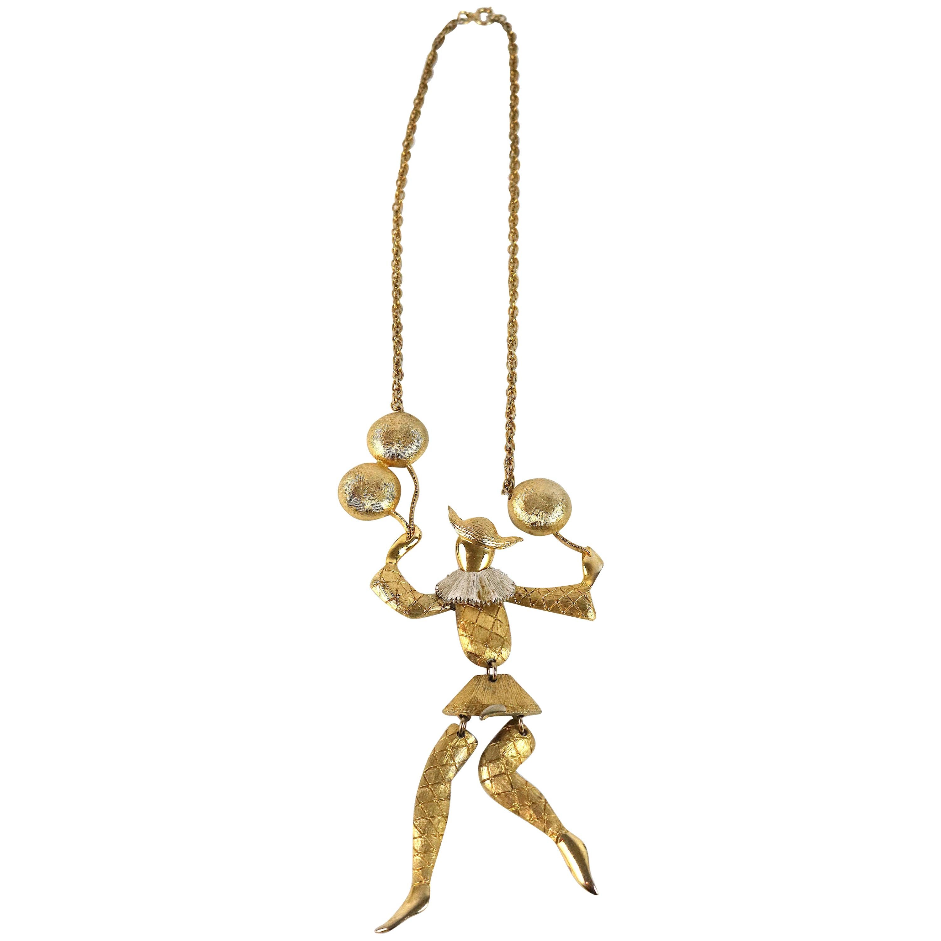 Vintage Polcini Articulated Harlequin Dancer Necklace- circa 1960-Hallmark For Sale