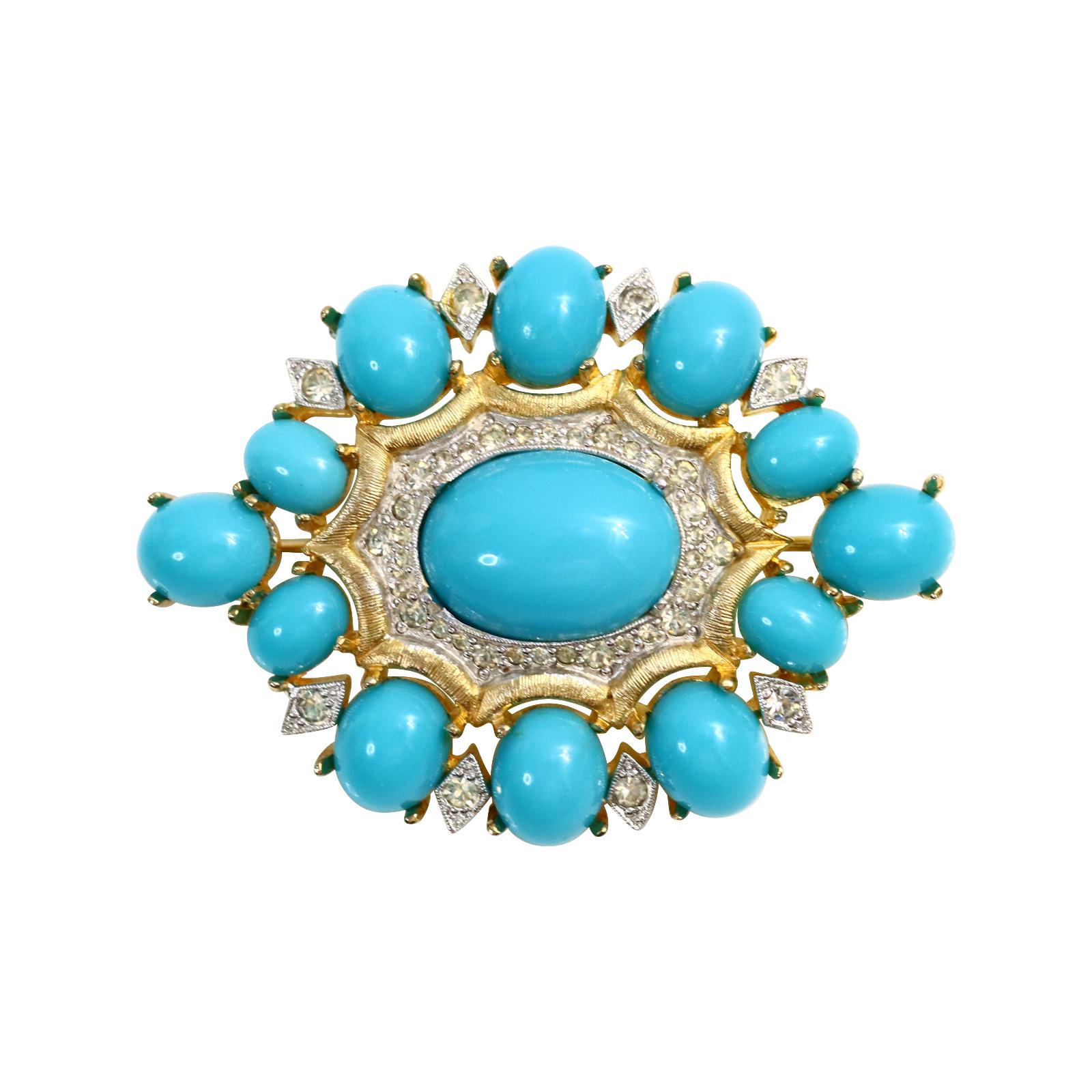 Vintage Polcini Diamante with Faux Turquoise Brooch Circa 1980s. The center of the brooch facing outward toward the faux turquoise has a matte gold surround which adds so much to this.  You would expect it to be silver but the gold brings it to a