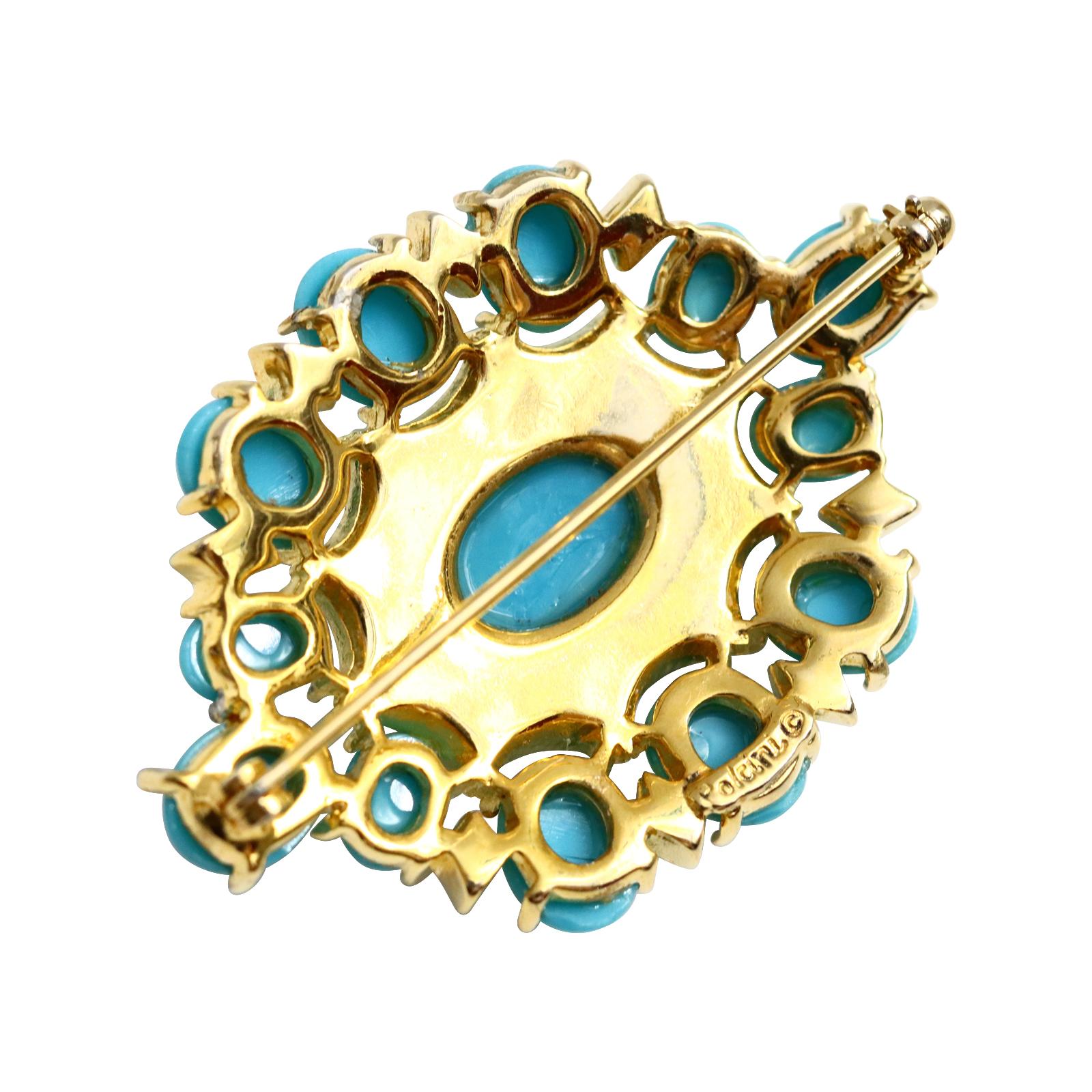 Women's or Men's Vintage Polcini Diamante with Faux Turquoise Brooch Circa 1980s For Sale