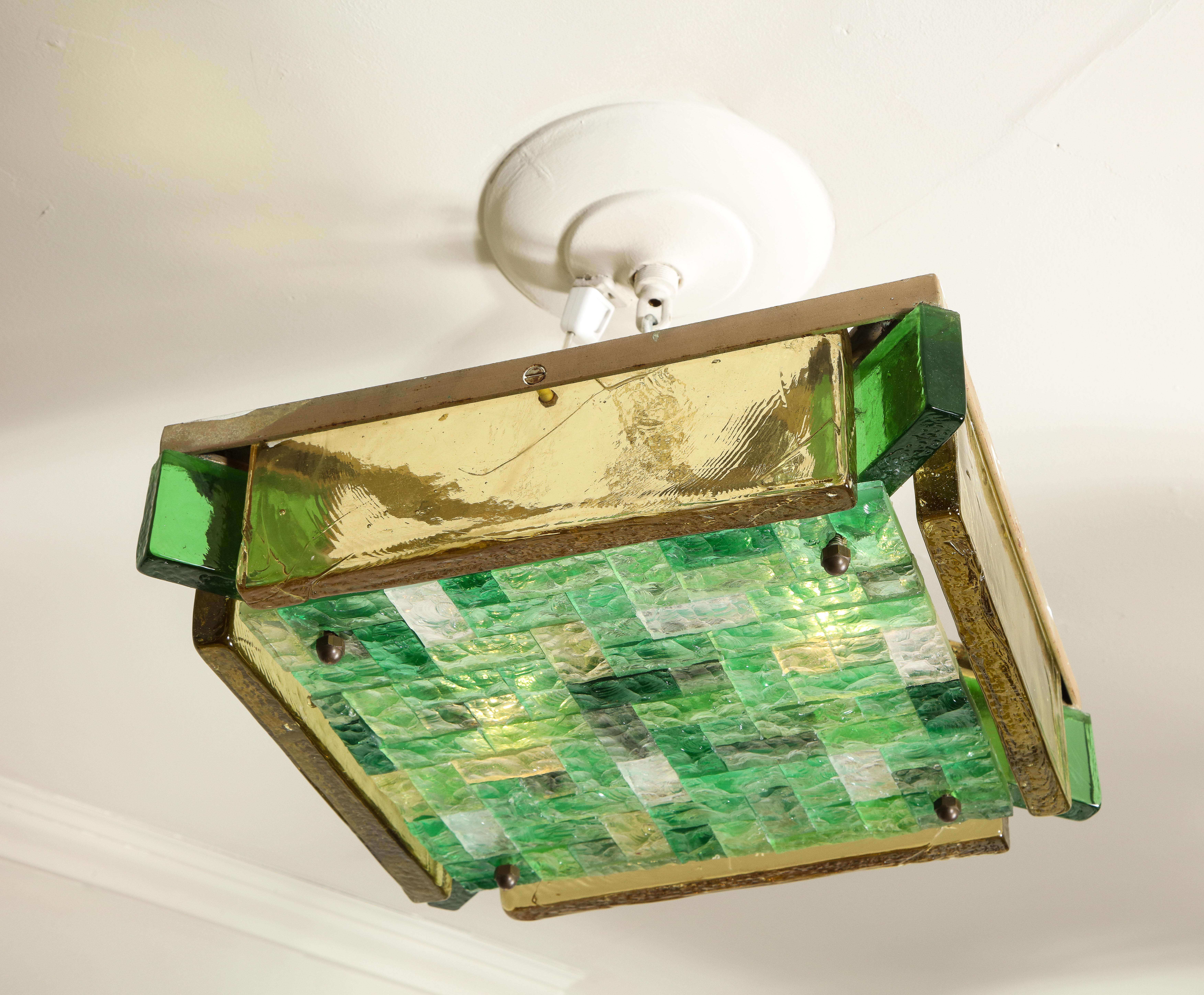 One-of-a-kind 1970s Italian Flushmount ceiling light by Poliarte is available for immediate purchase. Two Sockets. Thick chiseled polychrome glass.