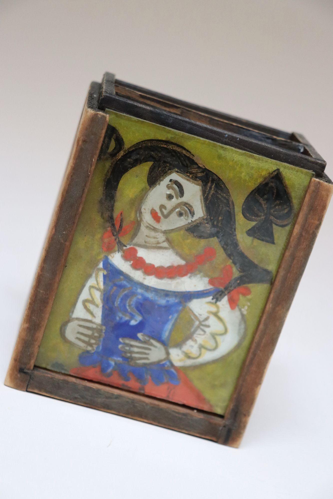 Vintage Polish Folk Art Hand-Painted Wooden Playing Card Holder by Irena Makowey In Good Condition For Sale In Brooklyn, NY
