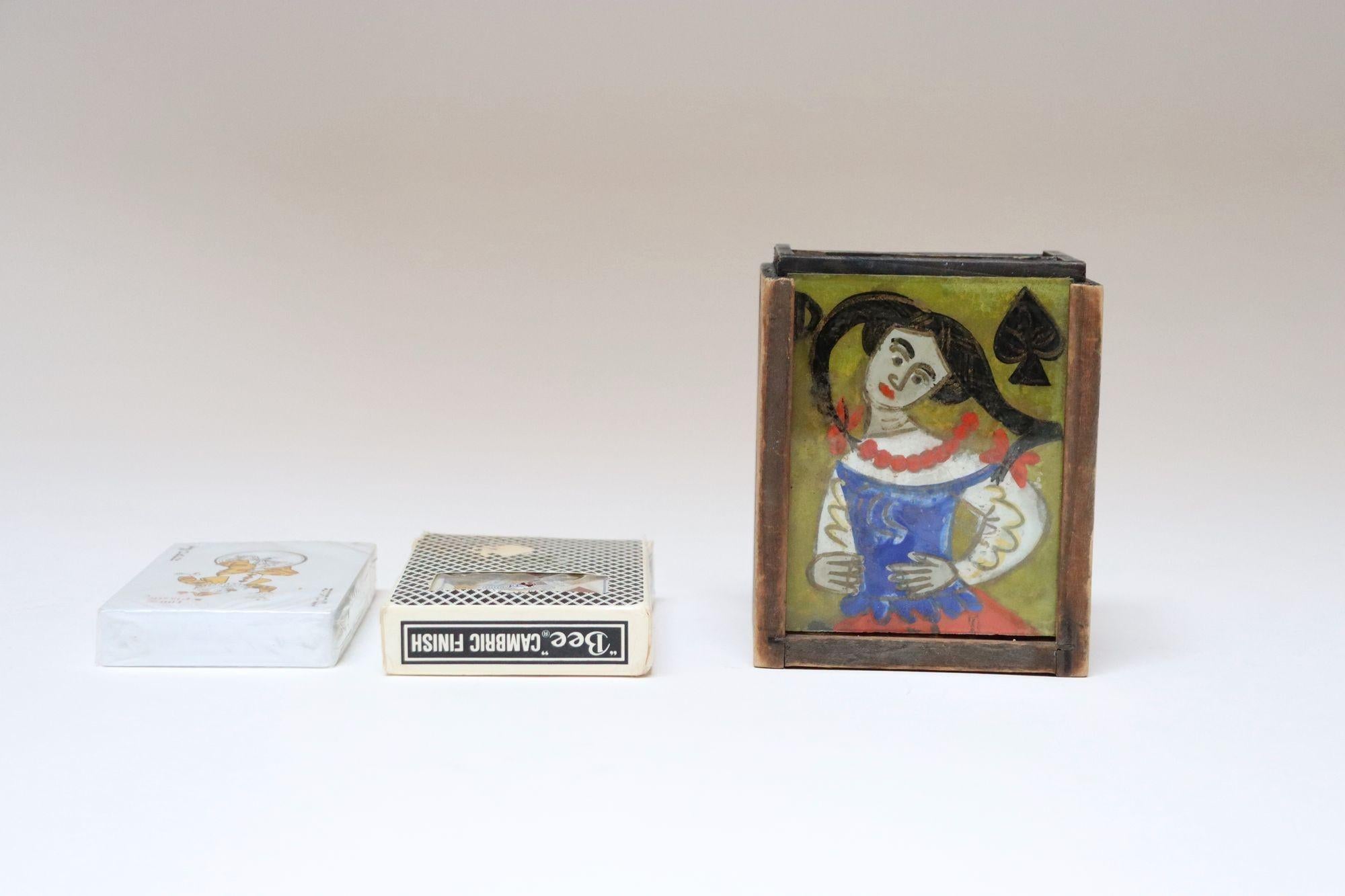 Mid-20th Century Vintage Polish Folk Art Hand-Painted Wooden Playing Card Holder by Irena Makowey For Sale