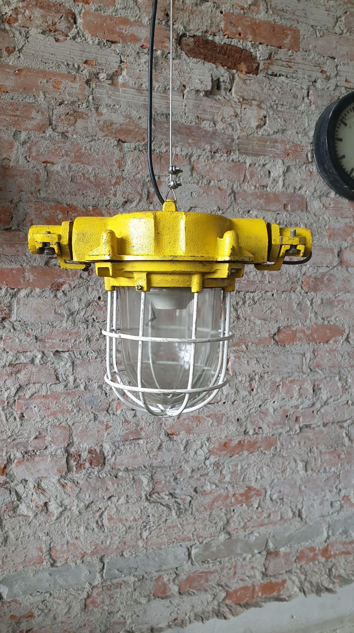 Lamp comes from Poland.
Producent: Polam Wilkasy A23
Very hard glass.
Weight: 5 kilos.
 