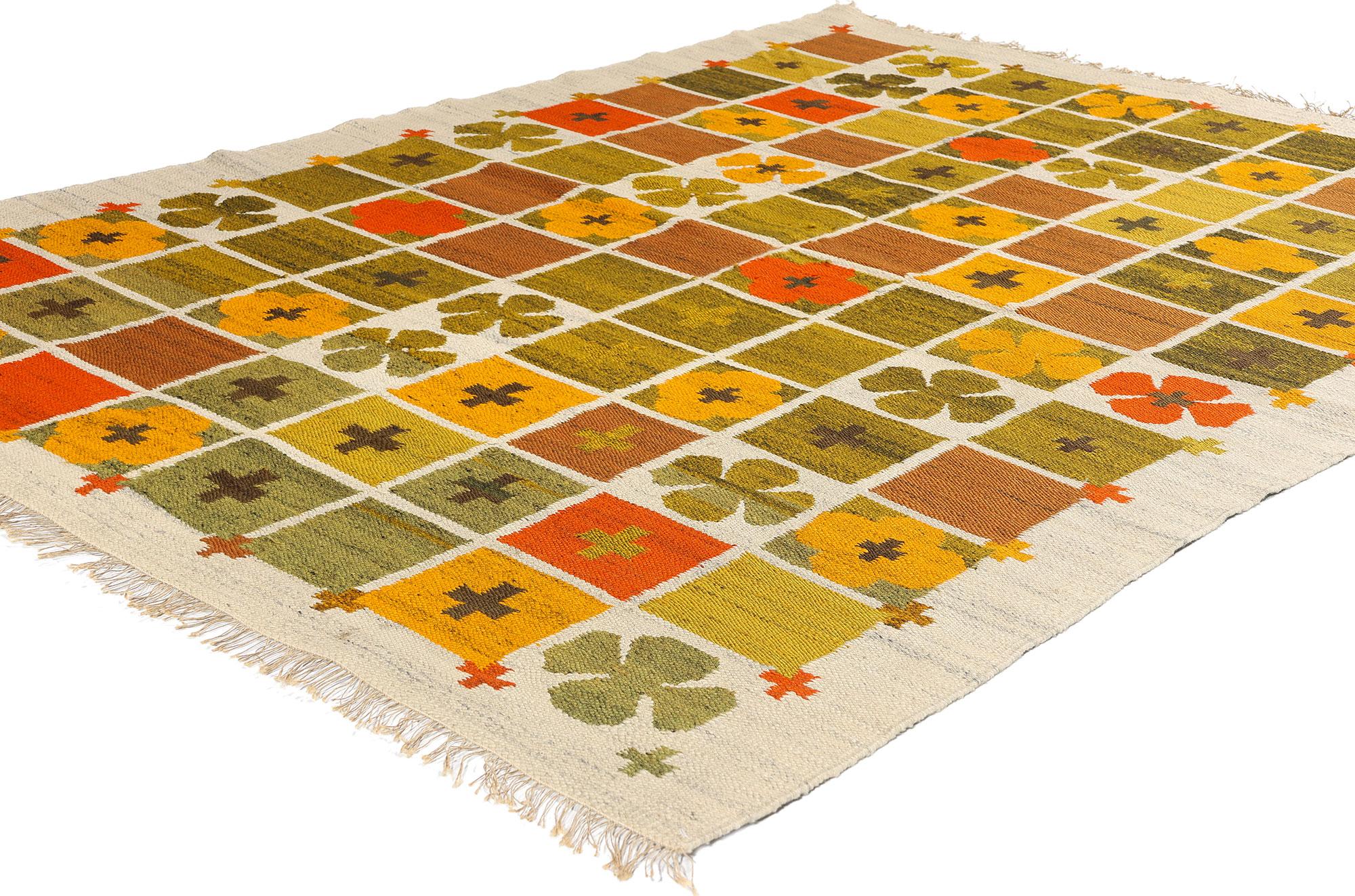 78280 Polnischer Vintage Rollakan Kilim Teppich, 04'08 x 06'05. Ein polnischer Rollakan ist ein traditioneller Flachgewebeteppich aus Polen, der sich durch komplizierte geometrische Muster und leuchtende Farben auszeichnet. Diese handgewebten
