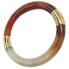 Vintage Polished Agate Gold Hinge Mounted Bangle Bracelet.
