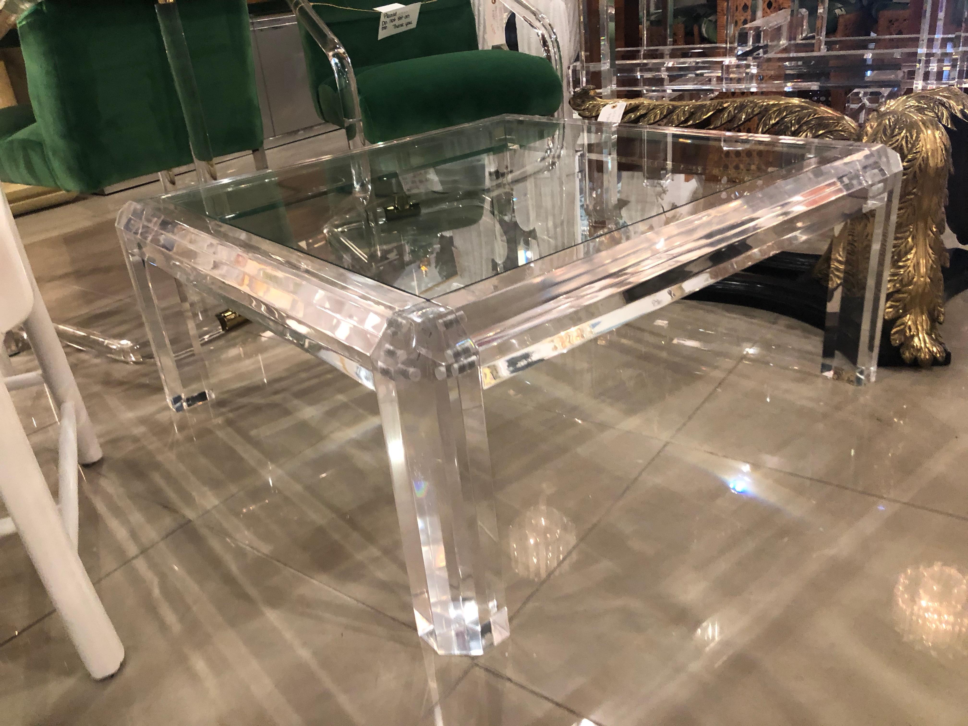 Hollywood Regency Vintage Polished Beveled Lucite Coffee Cocktail Table New Inset Glass Top