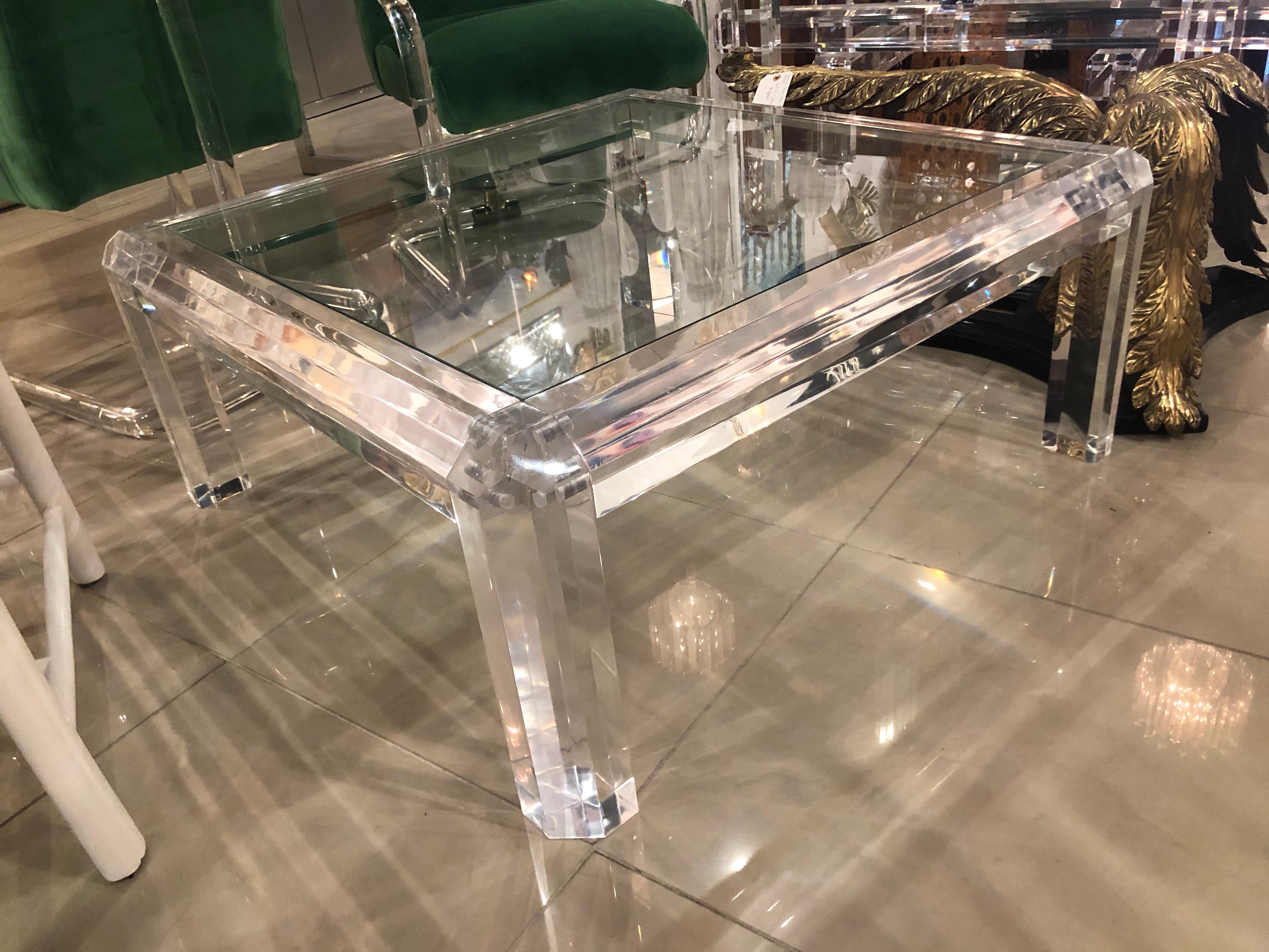 American Vintage Polished Beveled Lucite Coffee Cocktail Table New Inset Glass Top