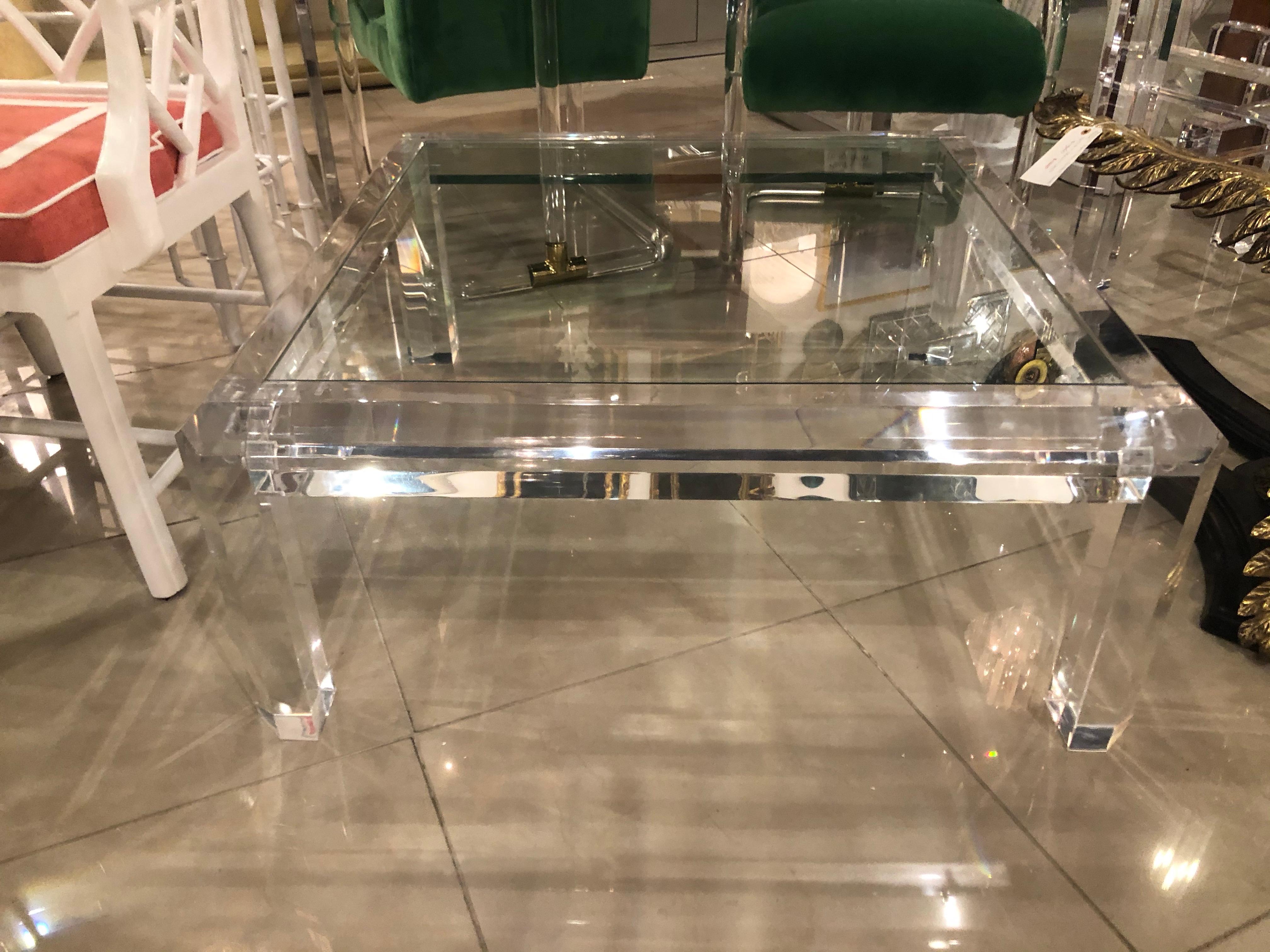 Late 20th Century Vintage Polished Beveled Lucite Coffee Cocktail Table New Inset Glass Top