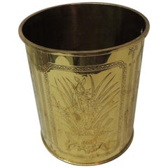 Vintage Polished Brass Asian Wastebasket Depicting Birds Flowers and Bamboo