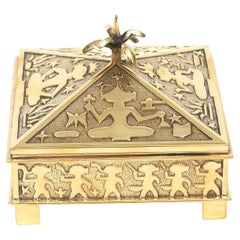 Vintage Polished Brass Buddha And Dancing Figures Two Part Box