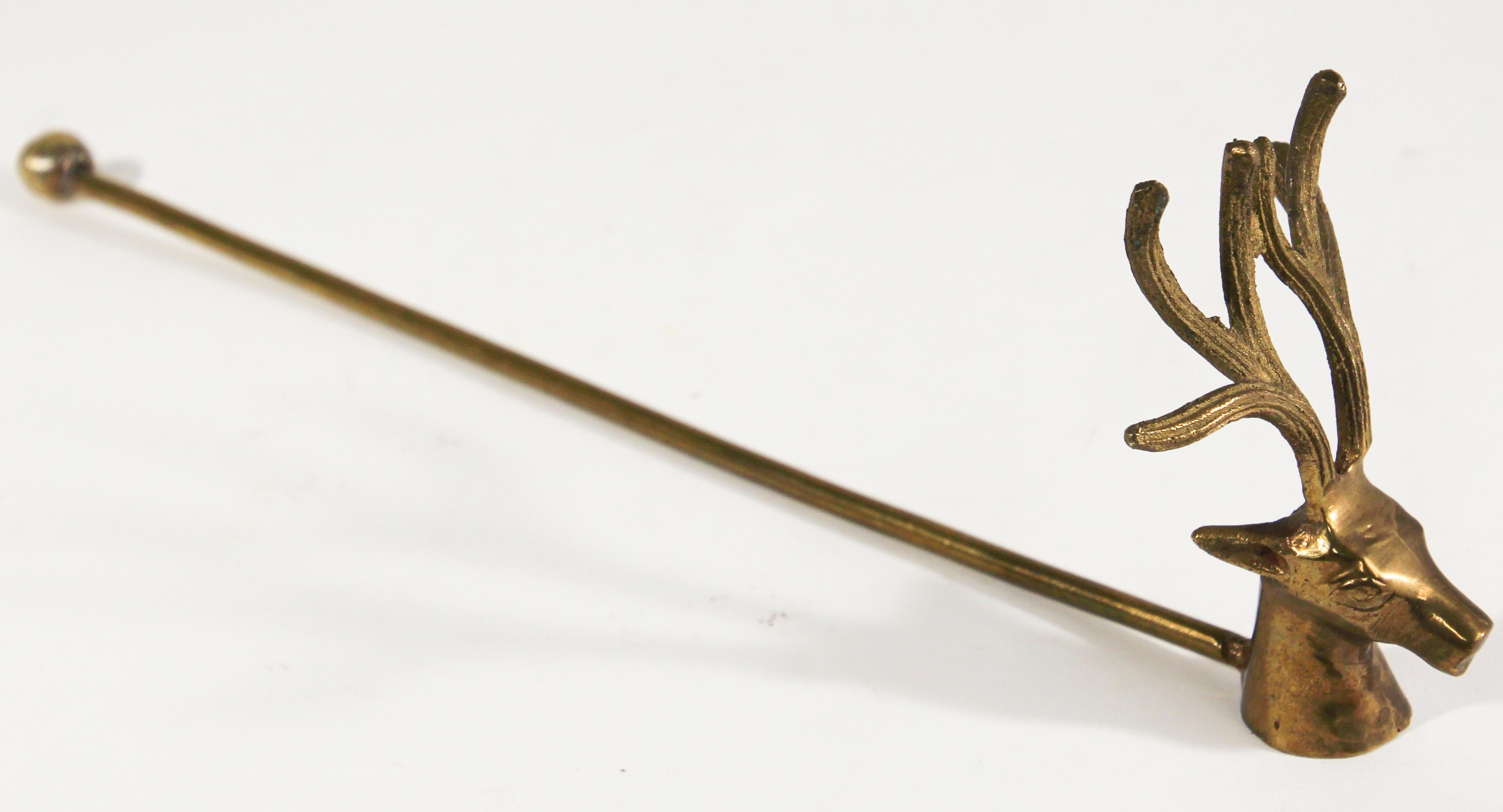 Vintage Victorian polished brass candle snuffer with deer head.
This brass stag head candle snuffer is perfect for display and use, it will add a festive mood during the holidays or all year round. 
Size: 11.5” L x 3.75” H at tip of antlers x
