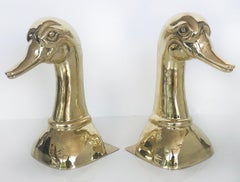 Vintage Polished Brass Duck Head Bookends, Pair