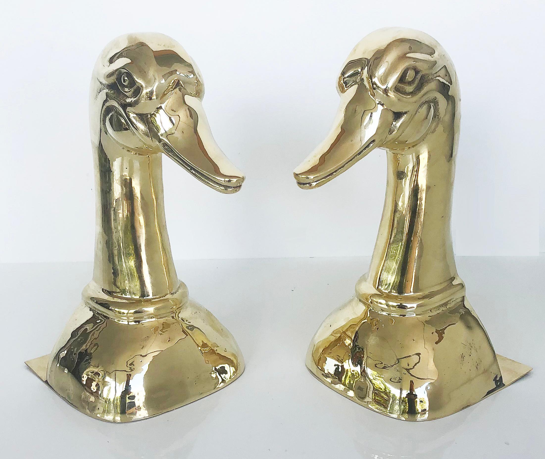 Vintage Polished Brass Duck Head Bookends, Pair For Sale 1