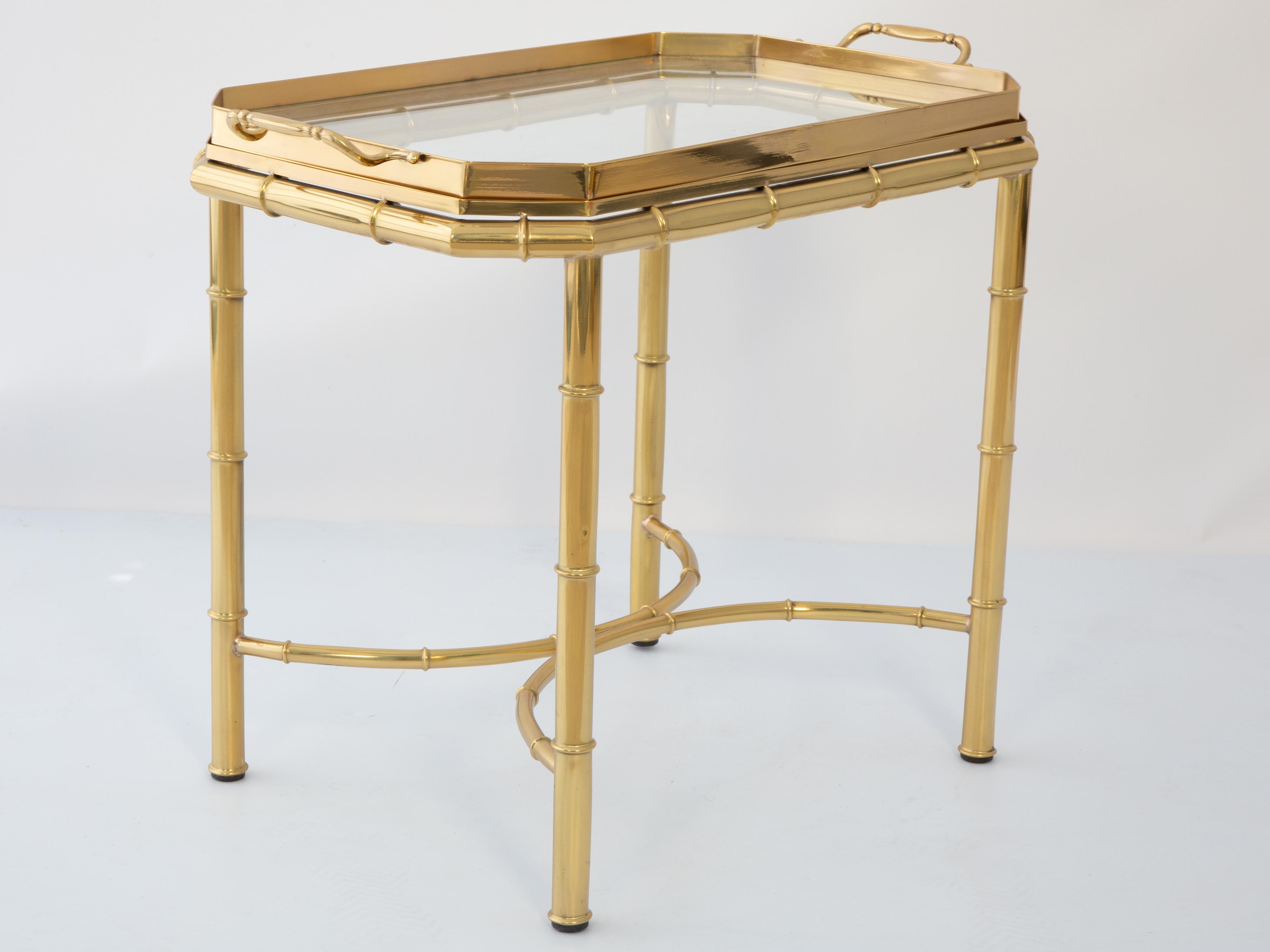 Vintage Polished-Brass Faux Bamboo Tray Tea Table 3