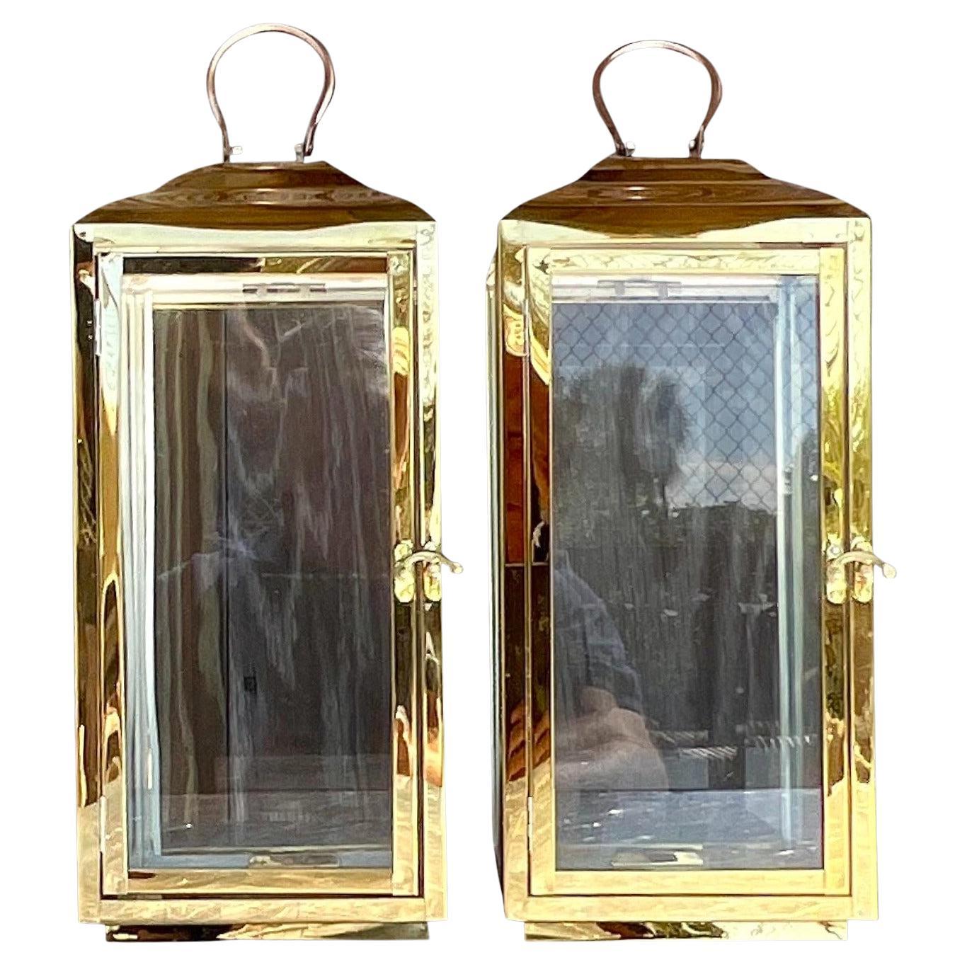 Vintage Polished Brass Lanterns - a Pair