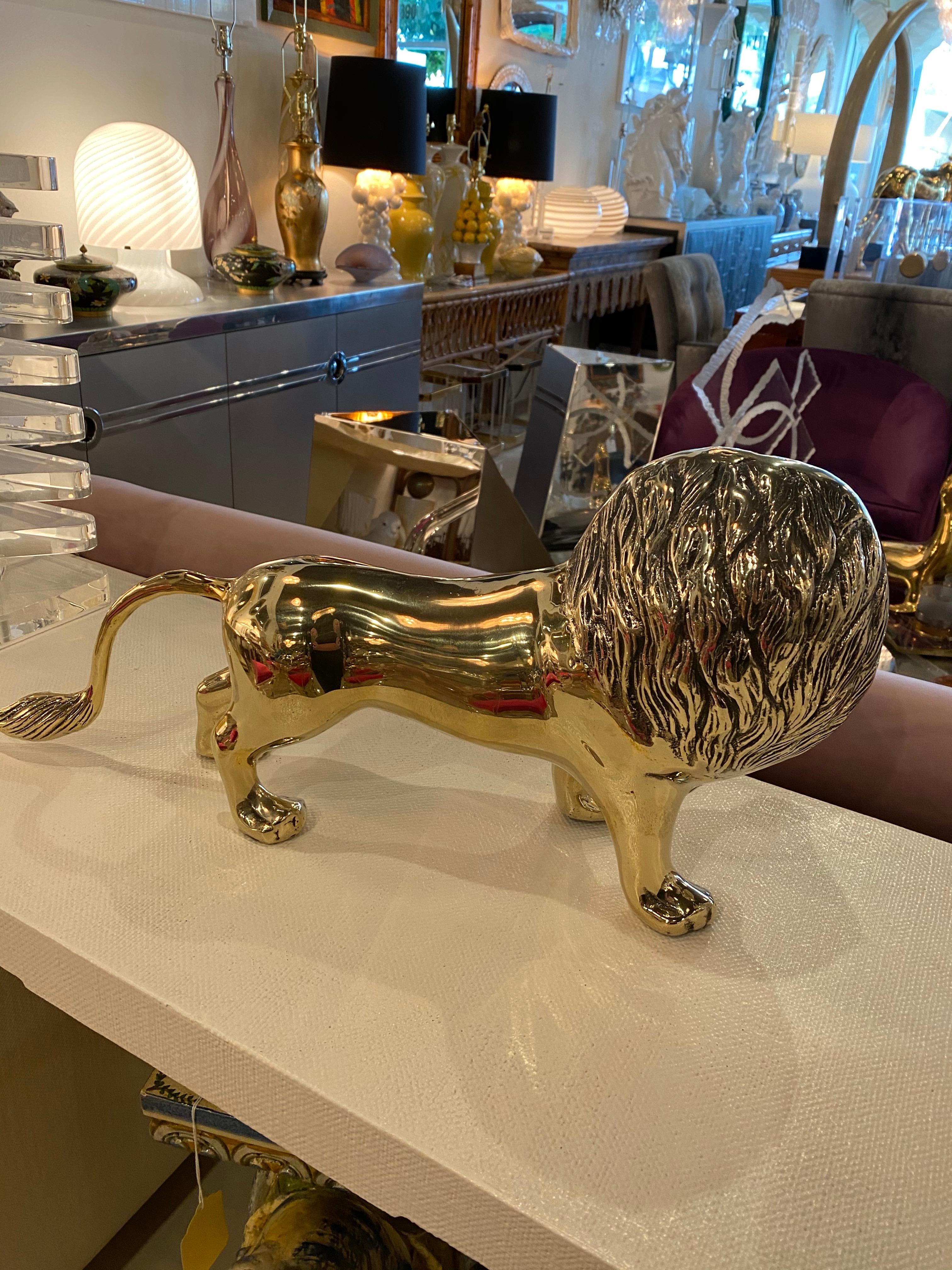Vintage Polished Brass Lion Statue, Pair Available 4
