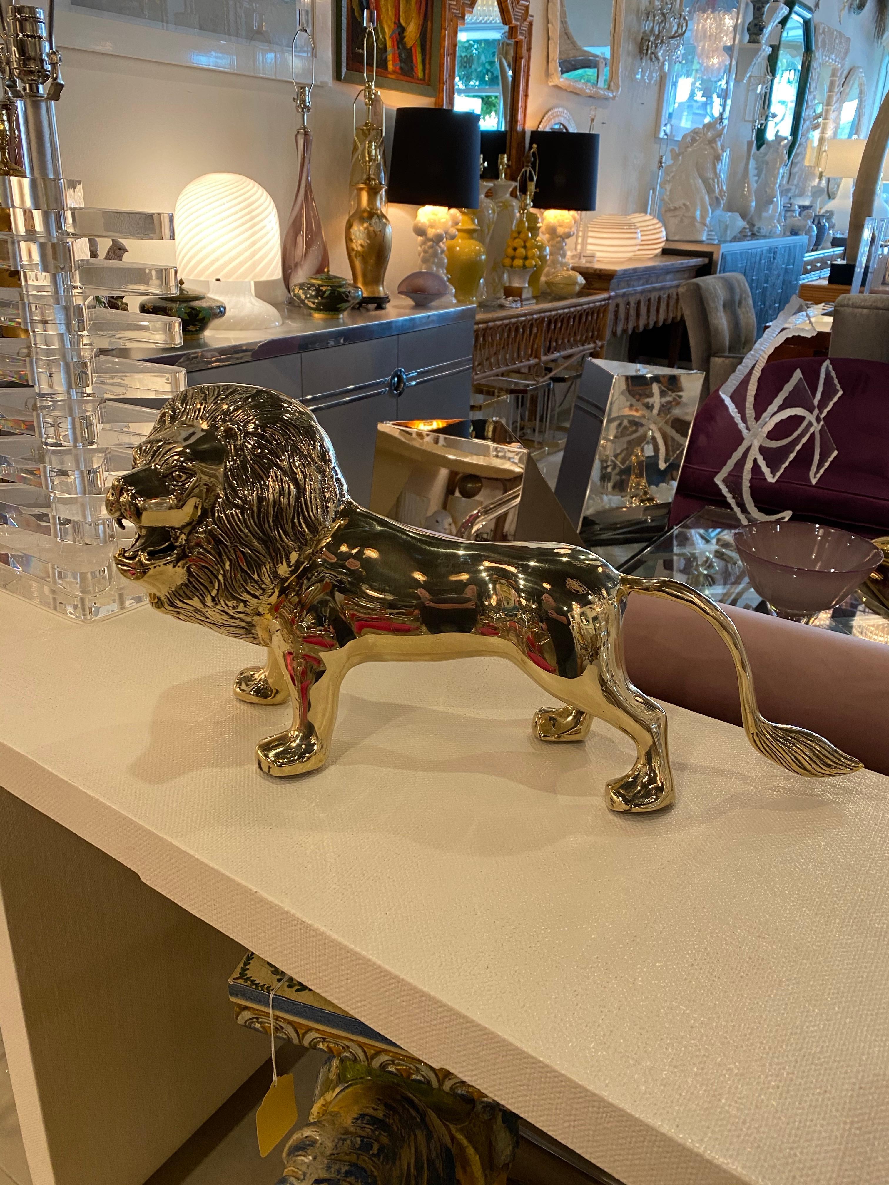Hollywood Regency Vintage Polished Brass Lion Statue, Pair Available