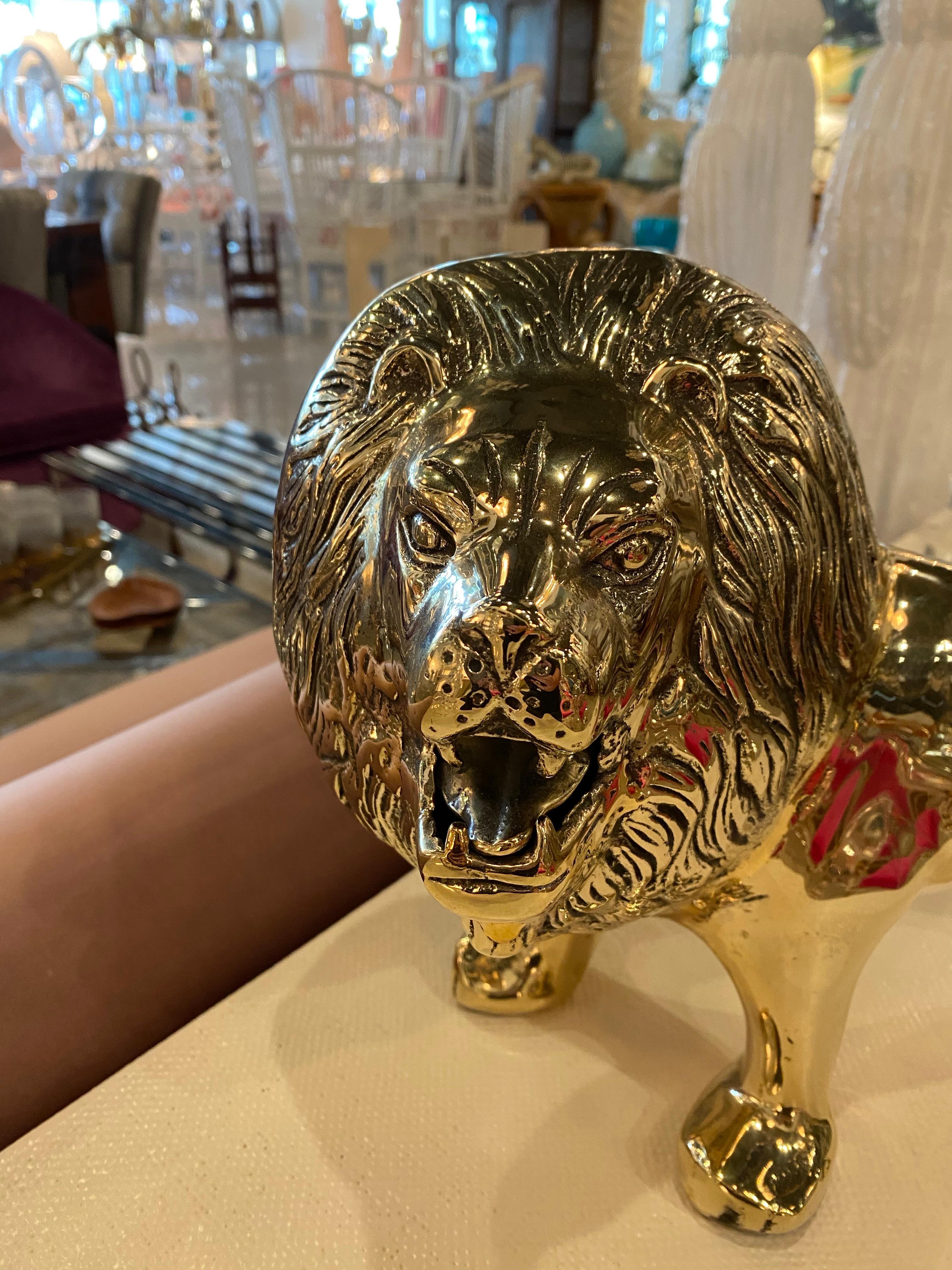 American Vintage Polished Brass Lion Statue, Pair Available