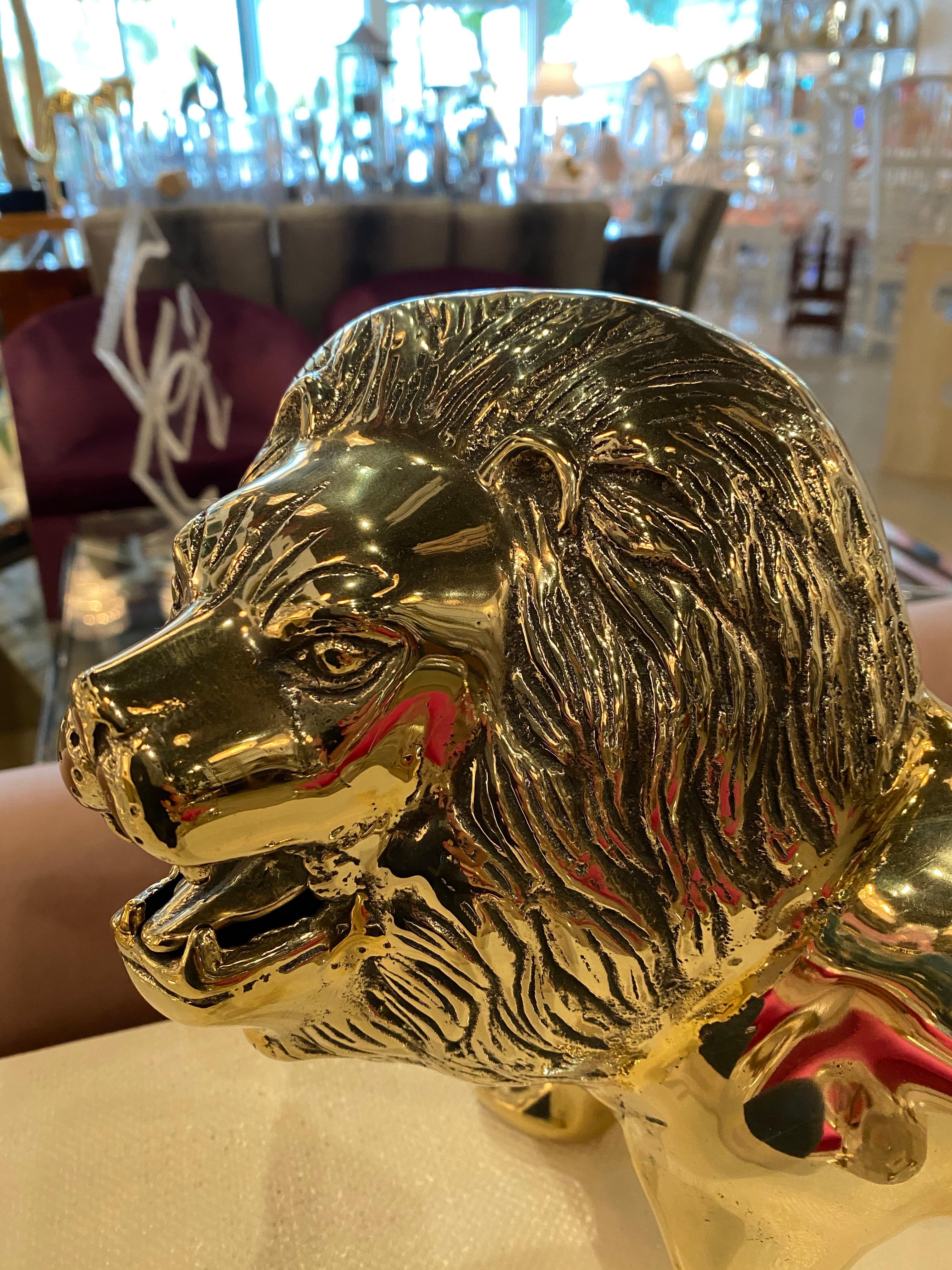 Vintage Polished Brass Lion Statue, Pair Available In Good Condition In West Palm Beach, FL