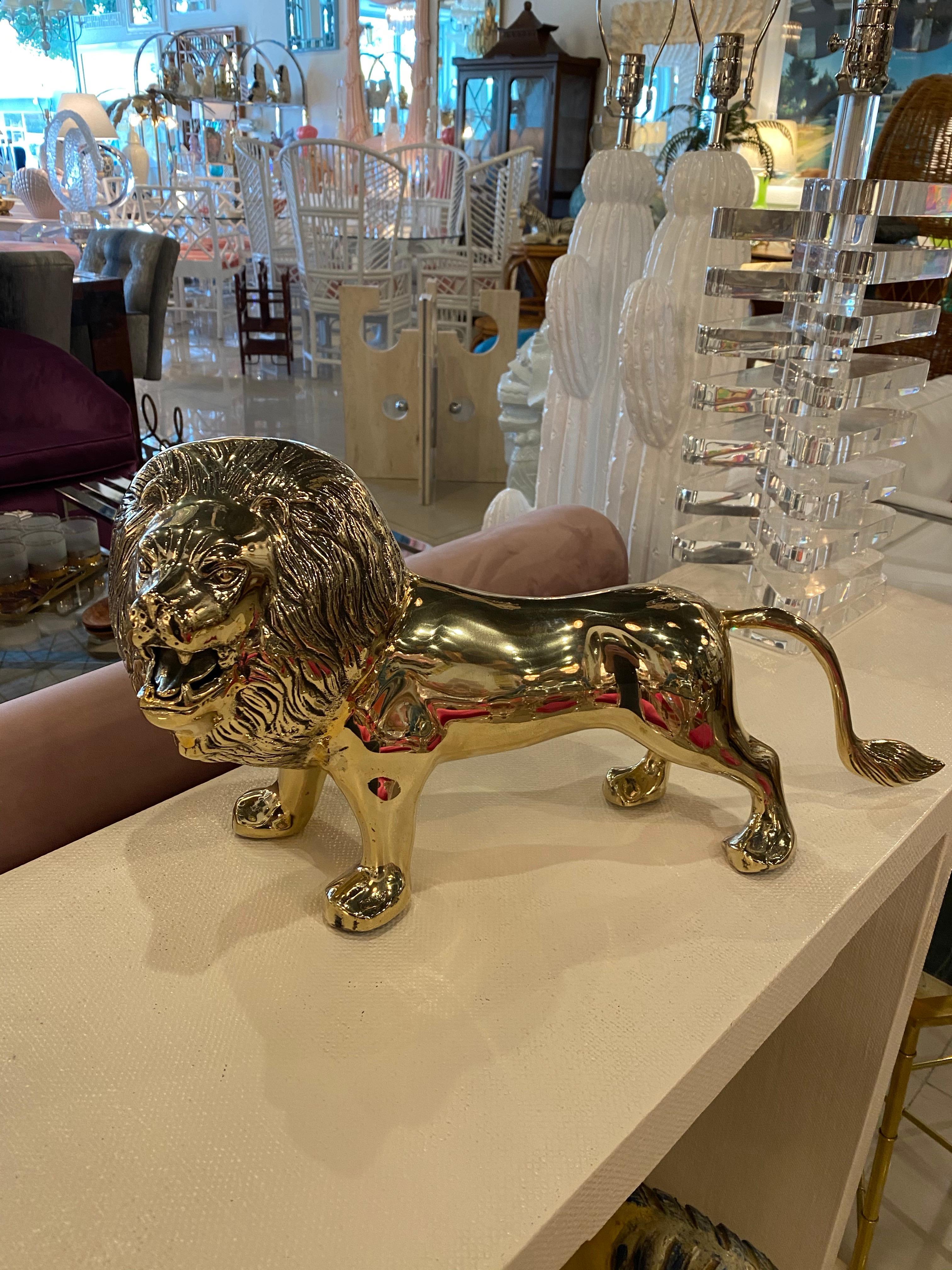 Vintage Polished Brass Lion Statue, Pair Available 1