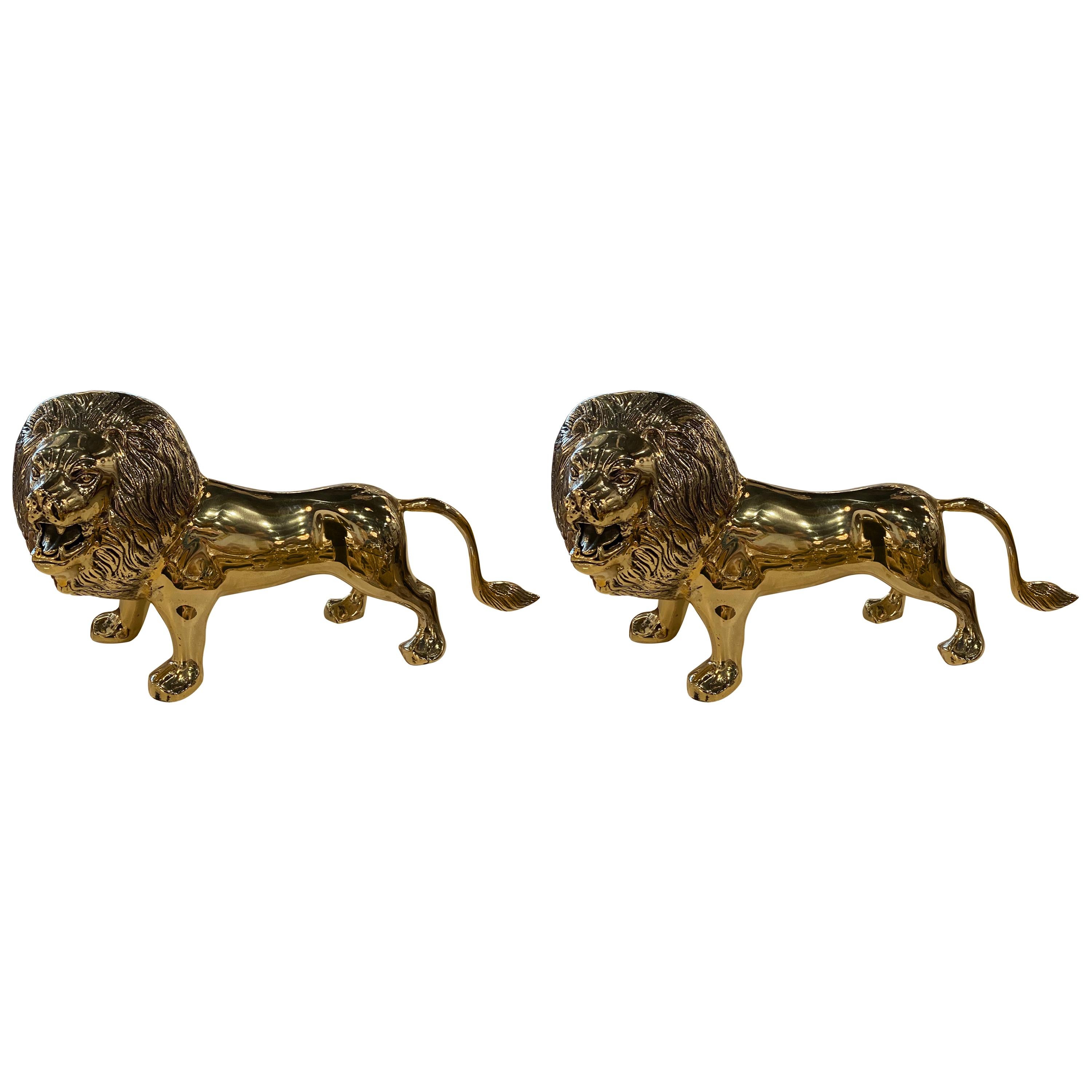 Vintage Polished Brass Lion Statue, Pair Available