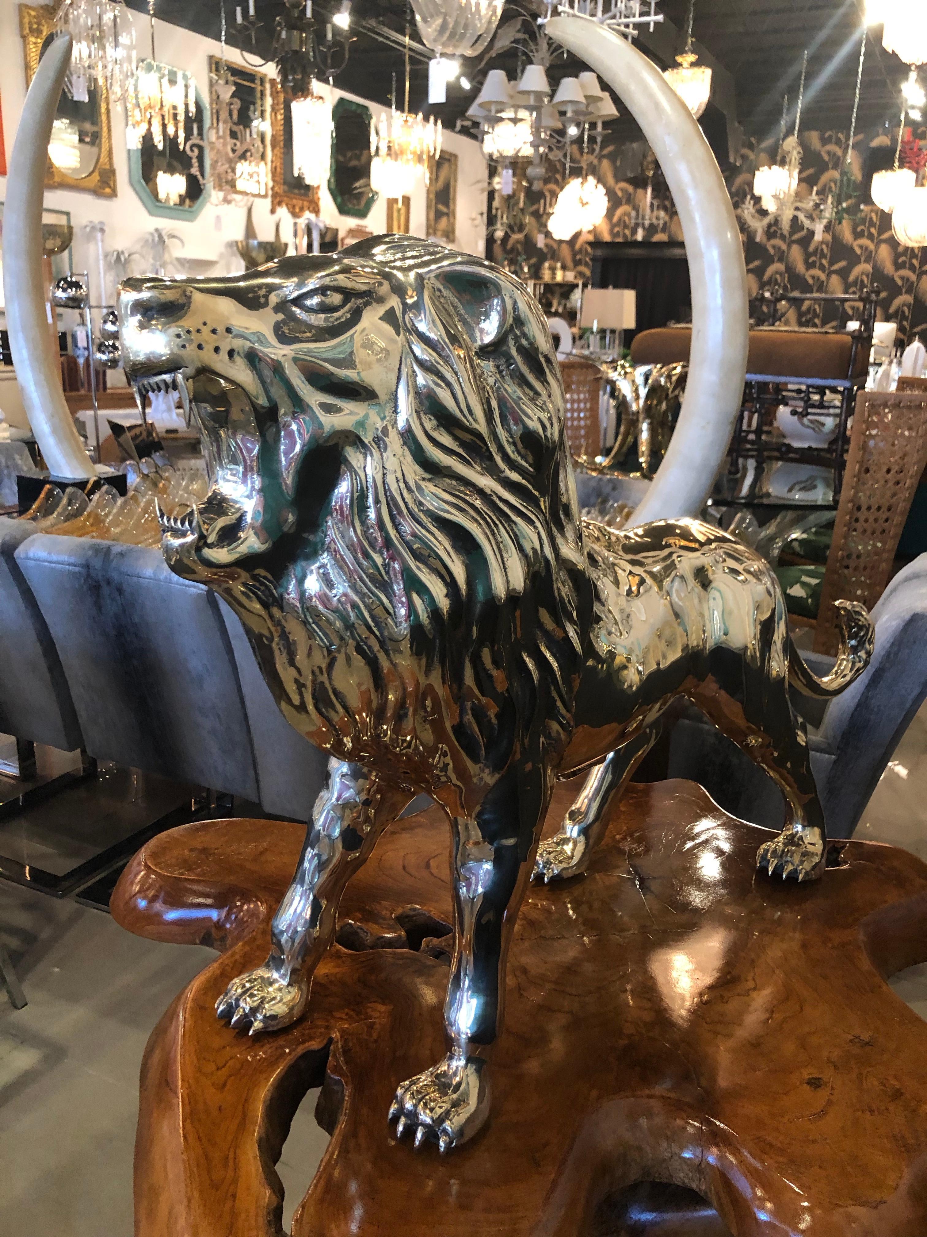 Beautiful vintage brass roaring lion large statue. This piece has been professionally polished.