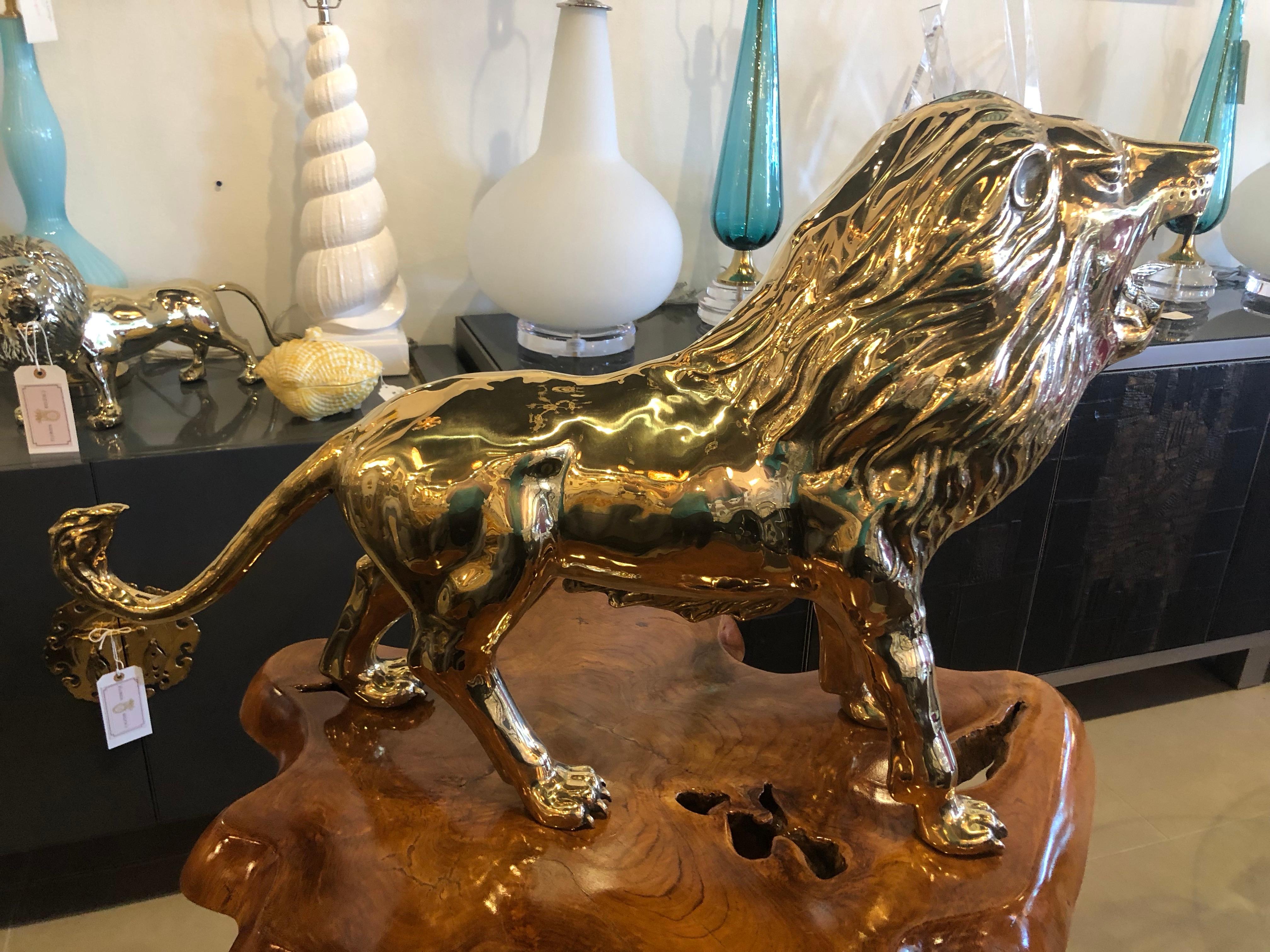 Hollywood Regency Vintage Polished Brass Monumental Size Lion Animal Figure Statue