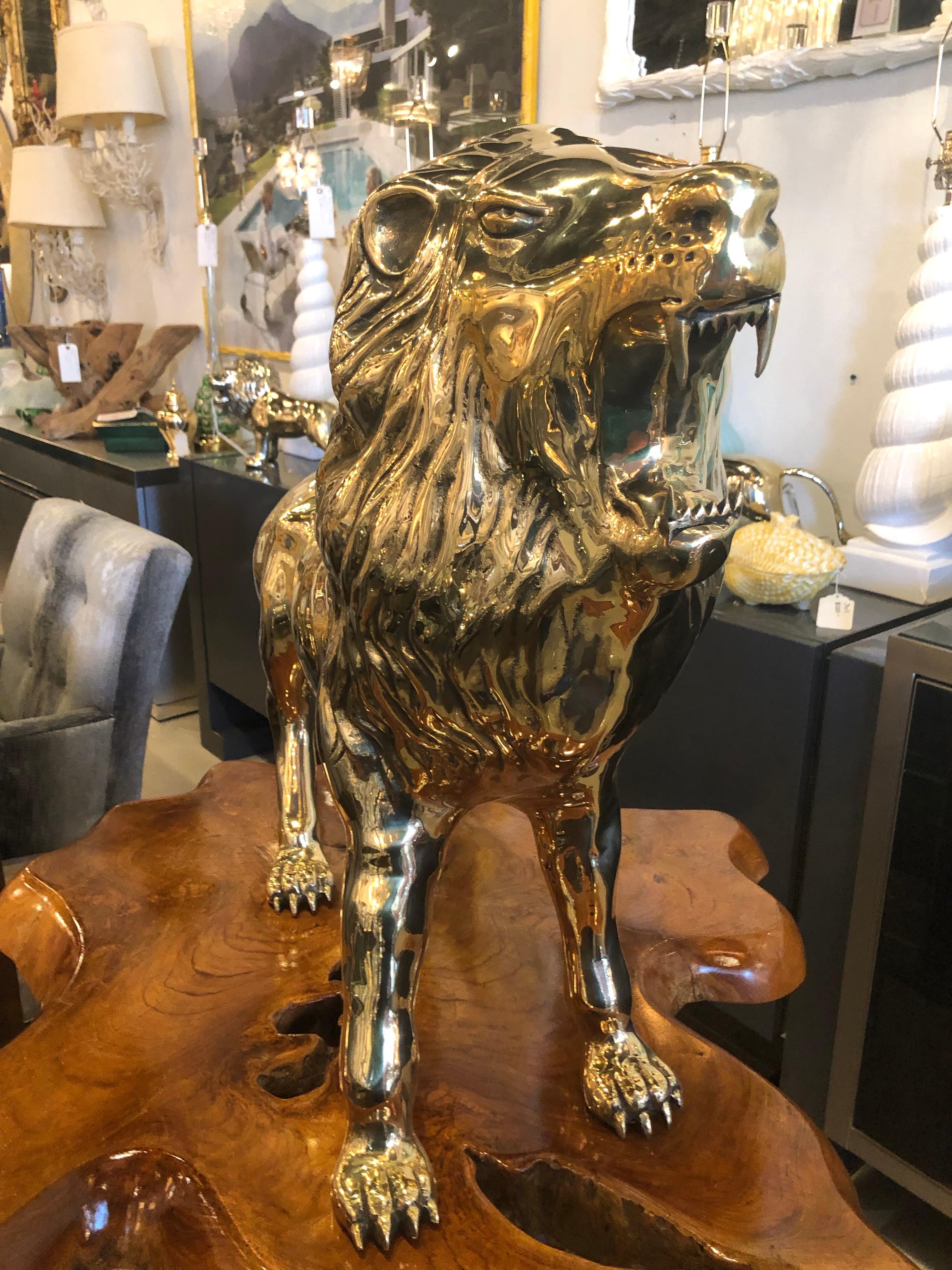 Late 20th Century Vintage Polished Brass Monumental Size Lion Animal Figure Statue