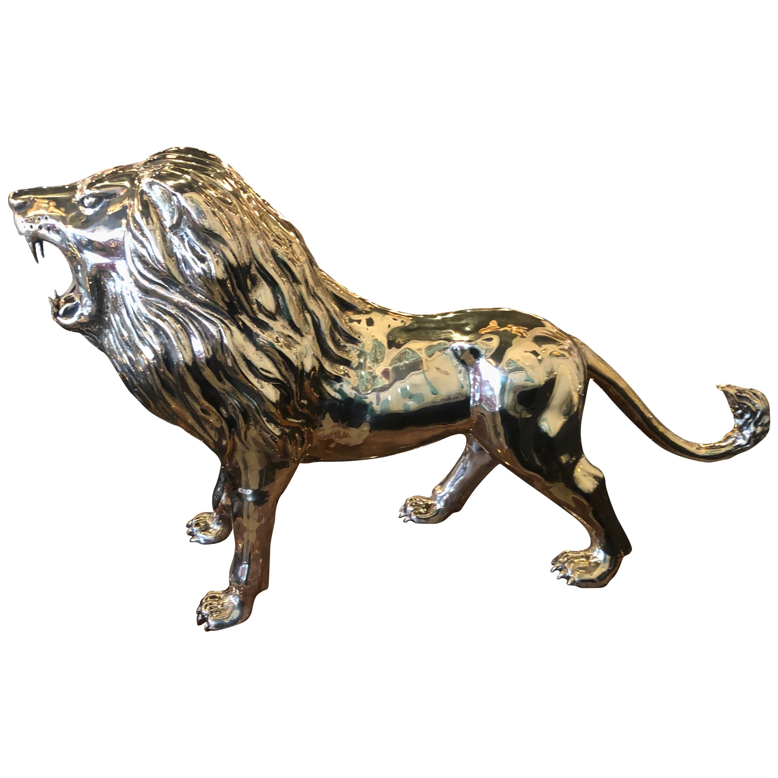Vintage Polished Brass Monumental Size Lion Animal Figure Statue