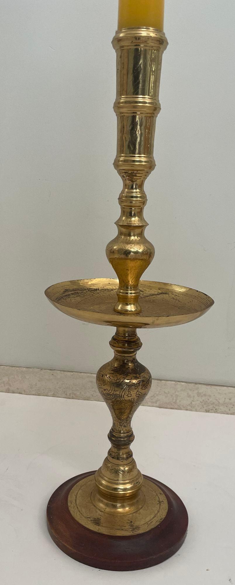 Vintage Polished Brass Moroccan Pillar Candle Holder 1950s For Sale 5