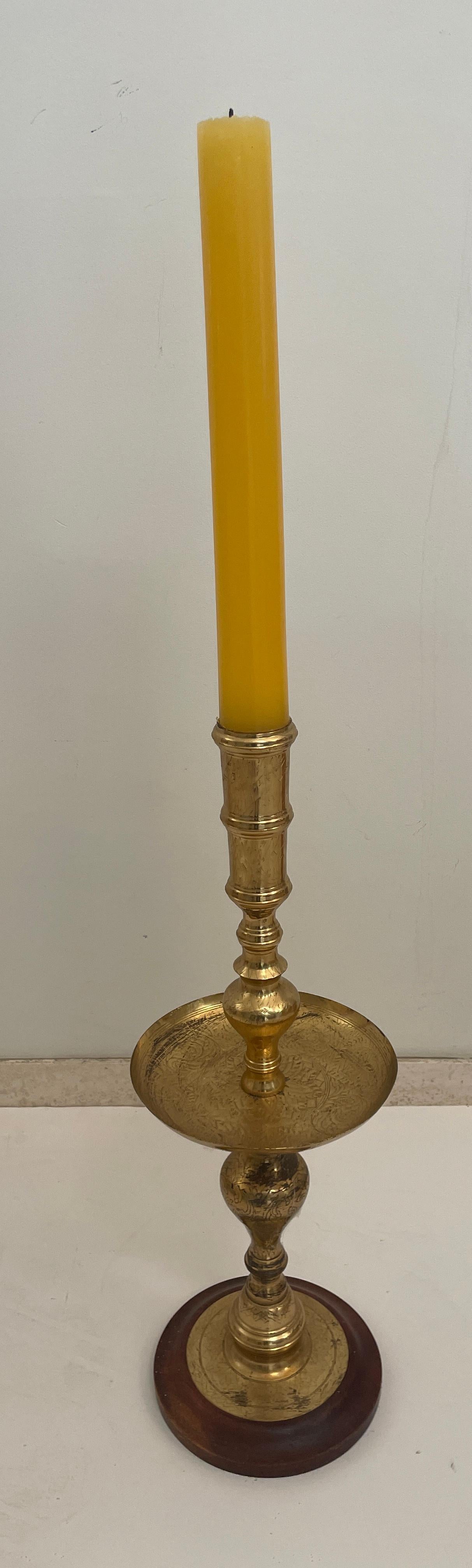 Moorish Vintage Polished Brass Moroccan Pillar Candle Holder 1950s For Sale