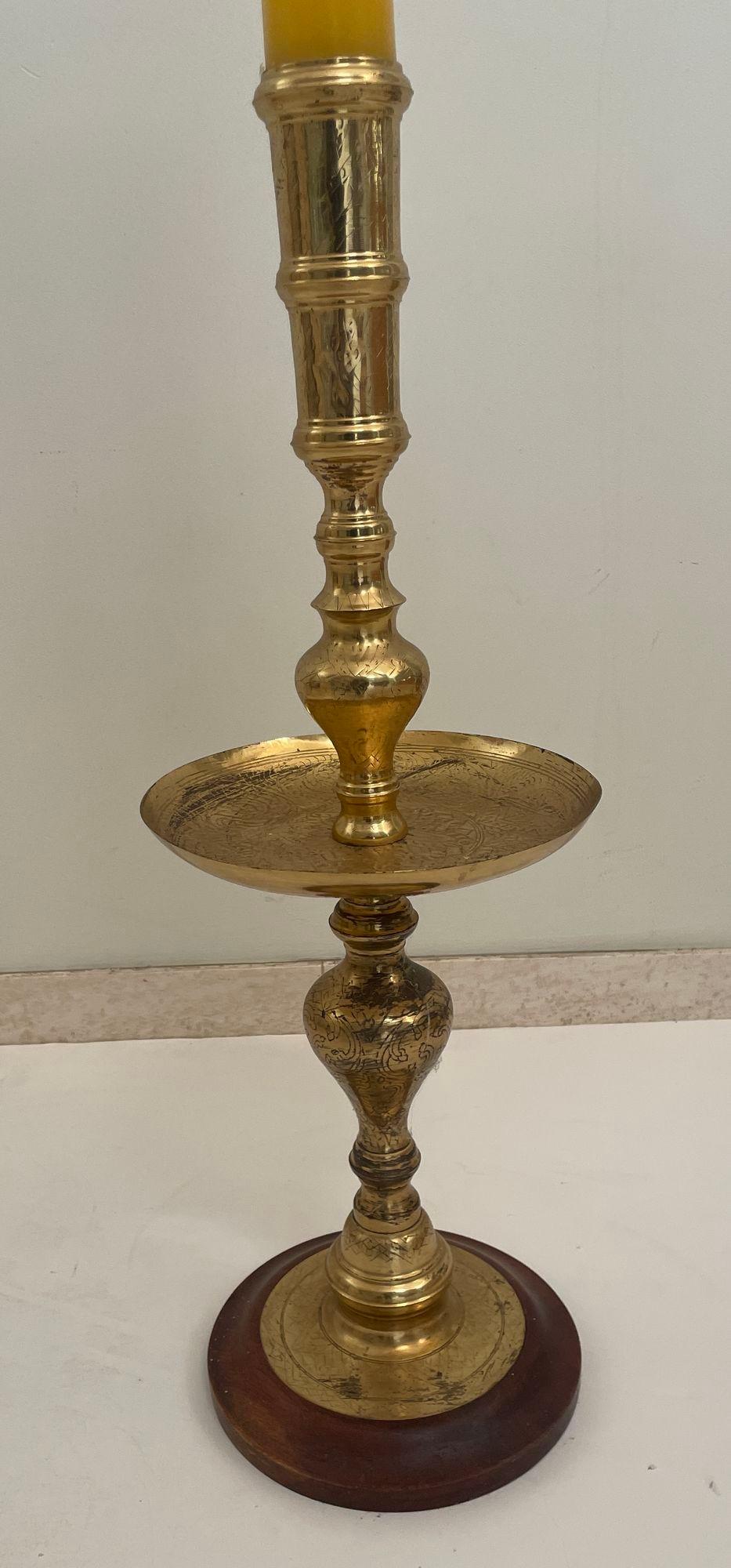 Hand-Crafted Vintage Polished Brass Moroccan Pillar Candle Holder 1950s For Sale