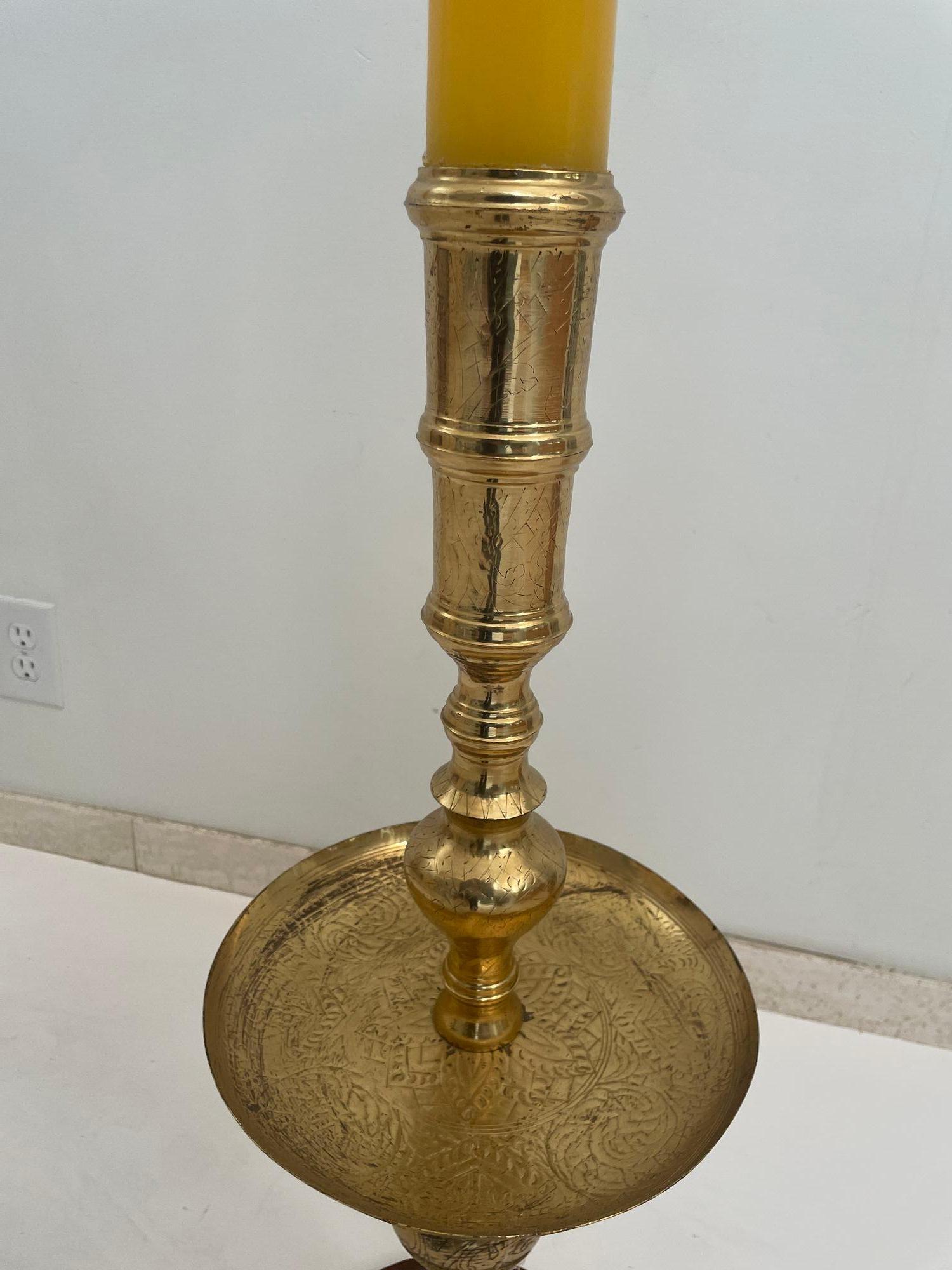 Vintage Polished Brass Moroccan Pillar Candle Holder 1950s For Sale 3