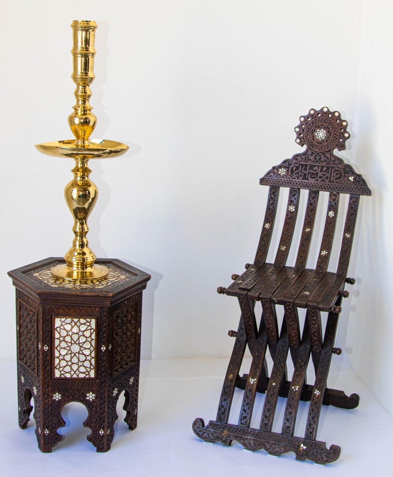 Vintage Polished Brass Moroccan Pillar Candle Holder For Sale at 1stDibs