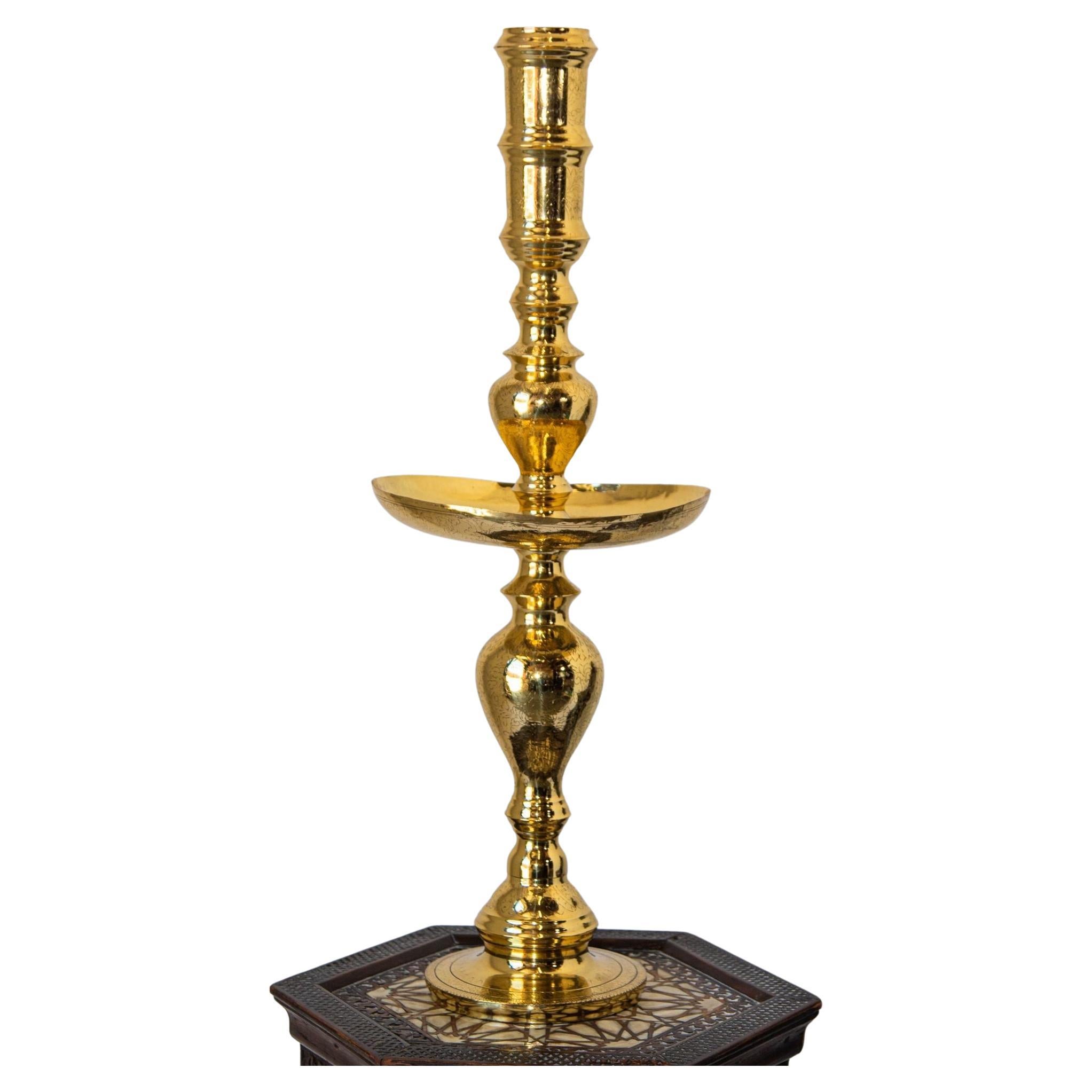 Vintage Polished Brass Moroccan Pillar Candle Holder For Sale